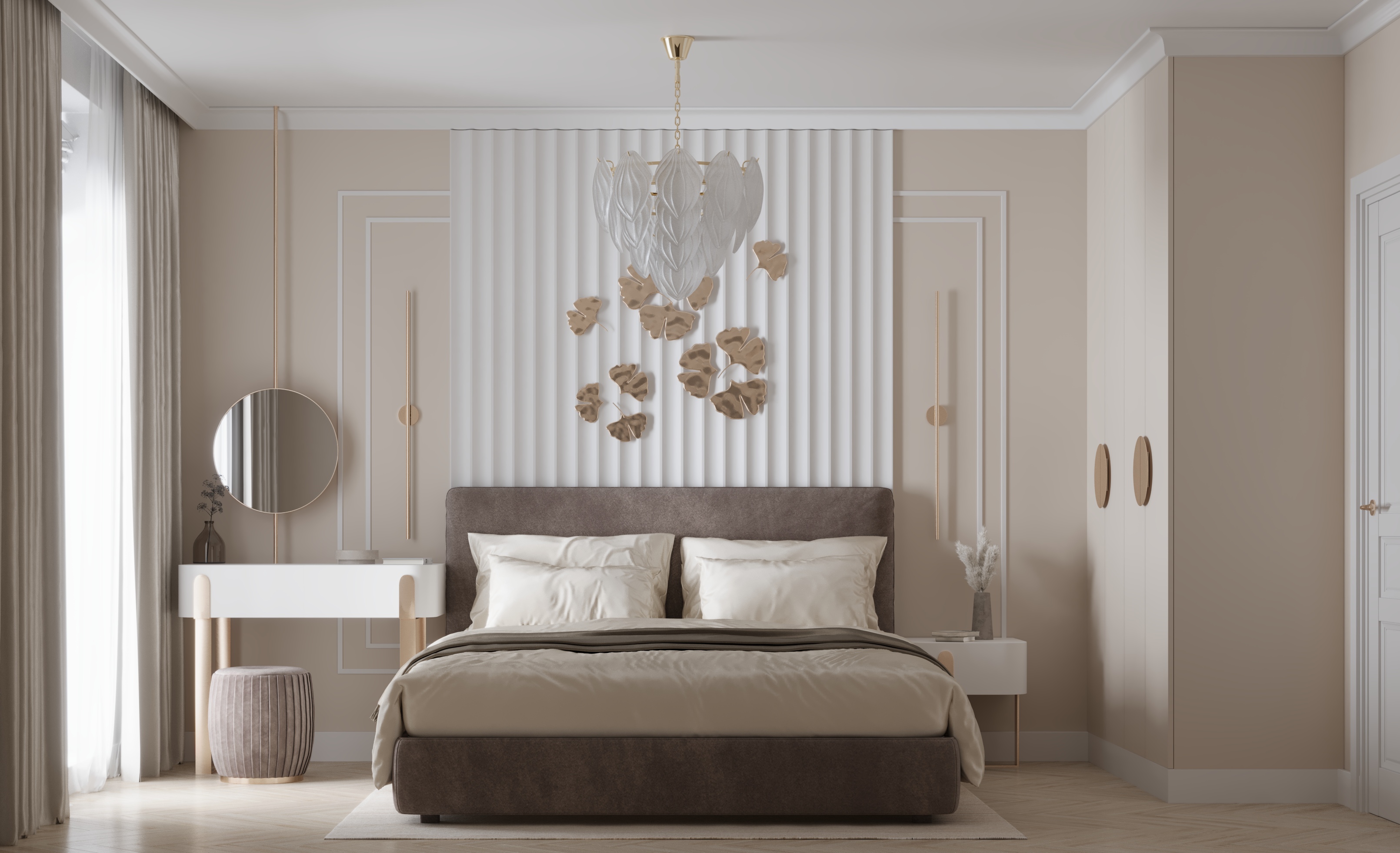 Beige color bedroom with metal decor 3D visualisation-0