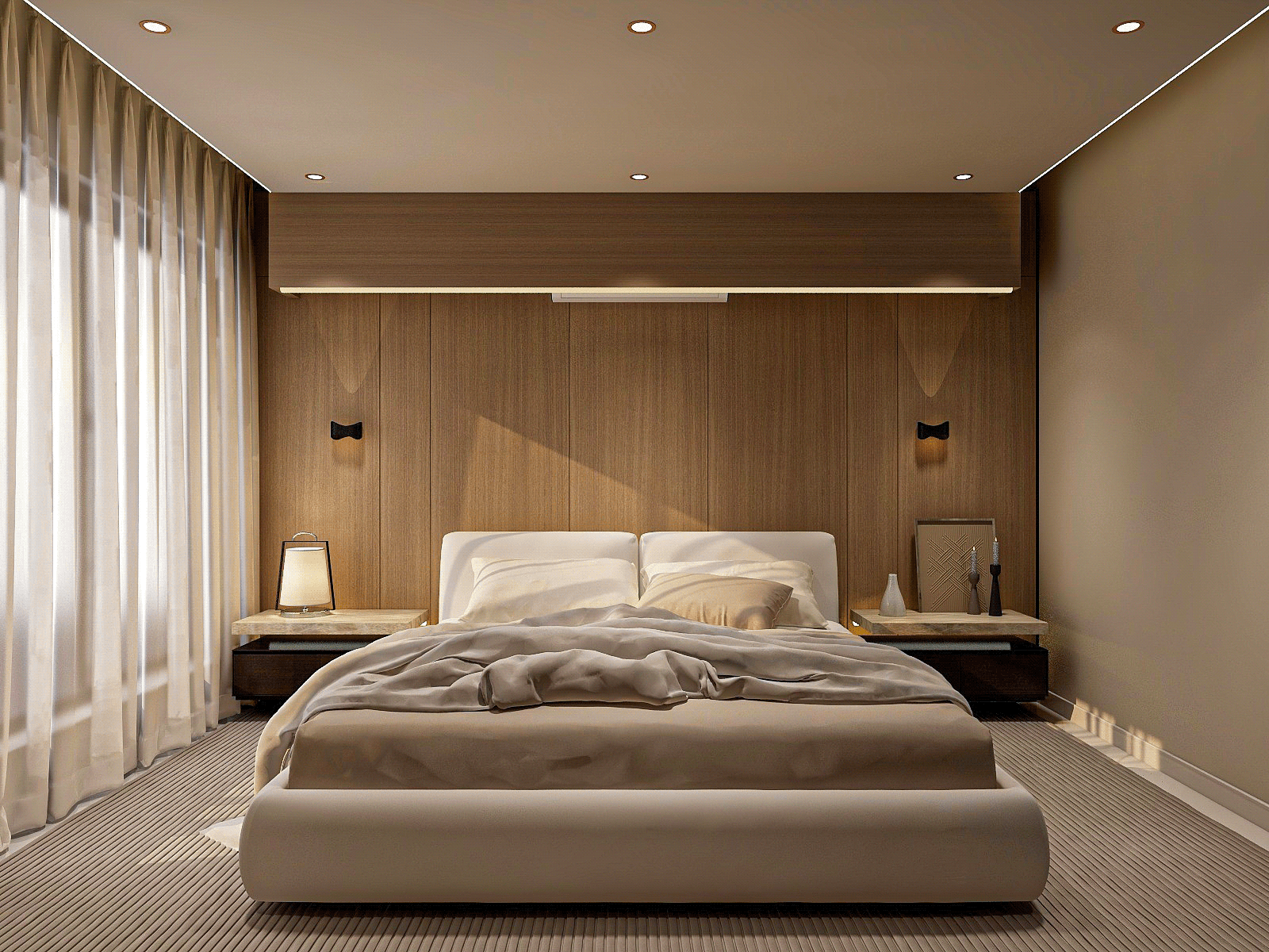 A modern bedroom with a touch of warmth and elegance.-1