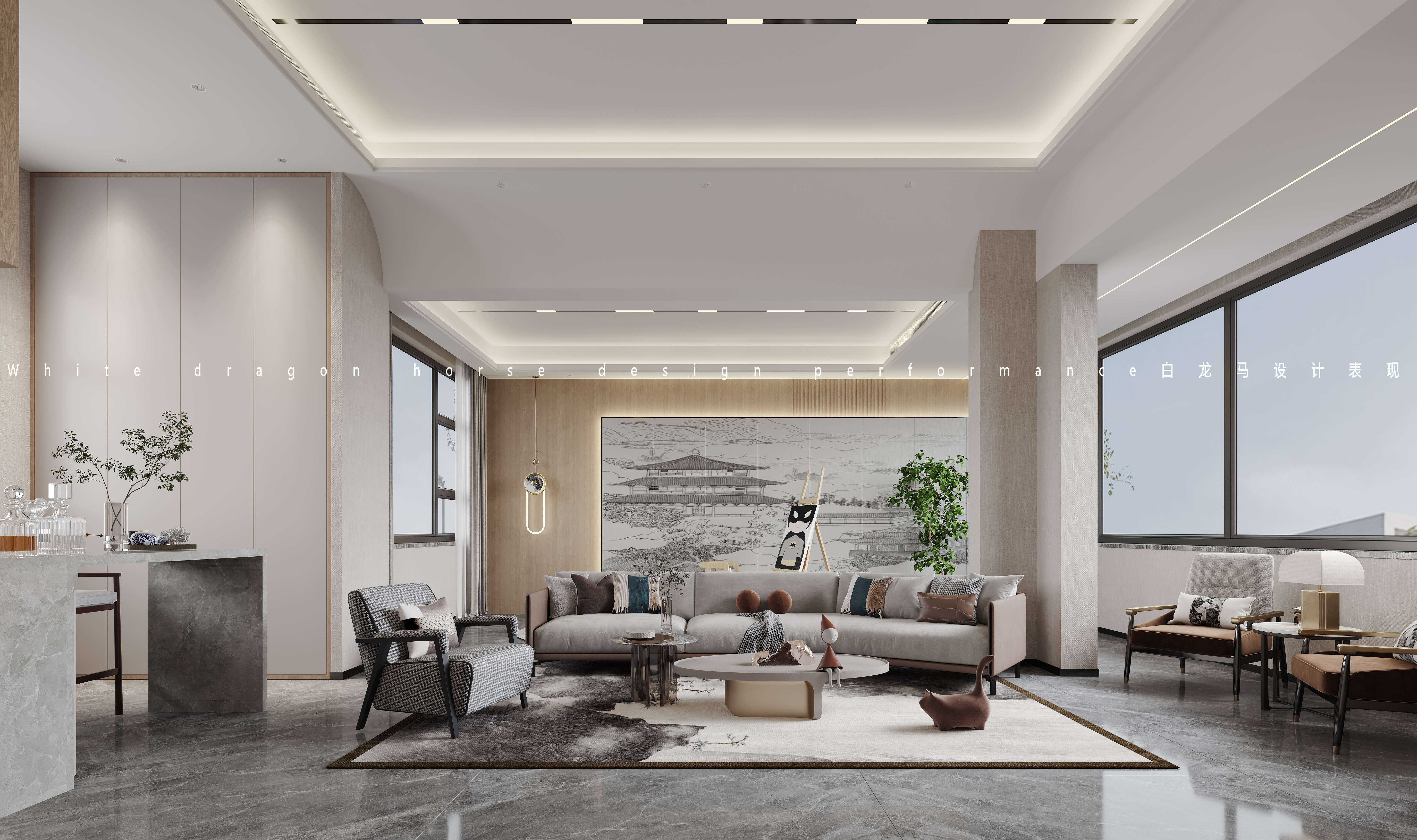 新中式客餐厅卧室——白龙马效果图-1