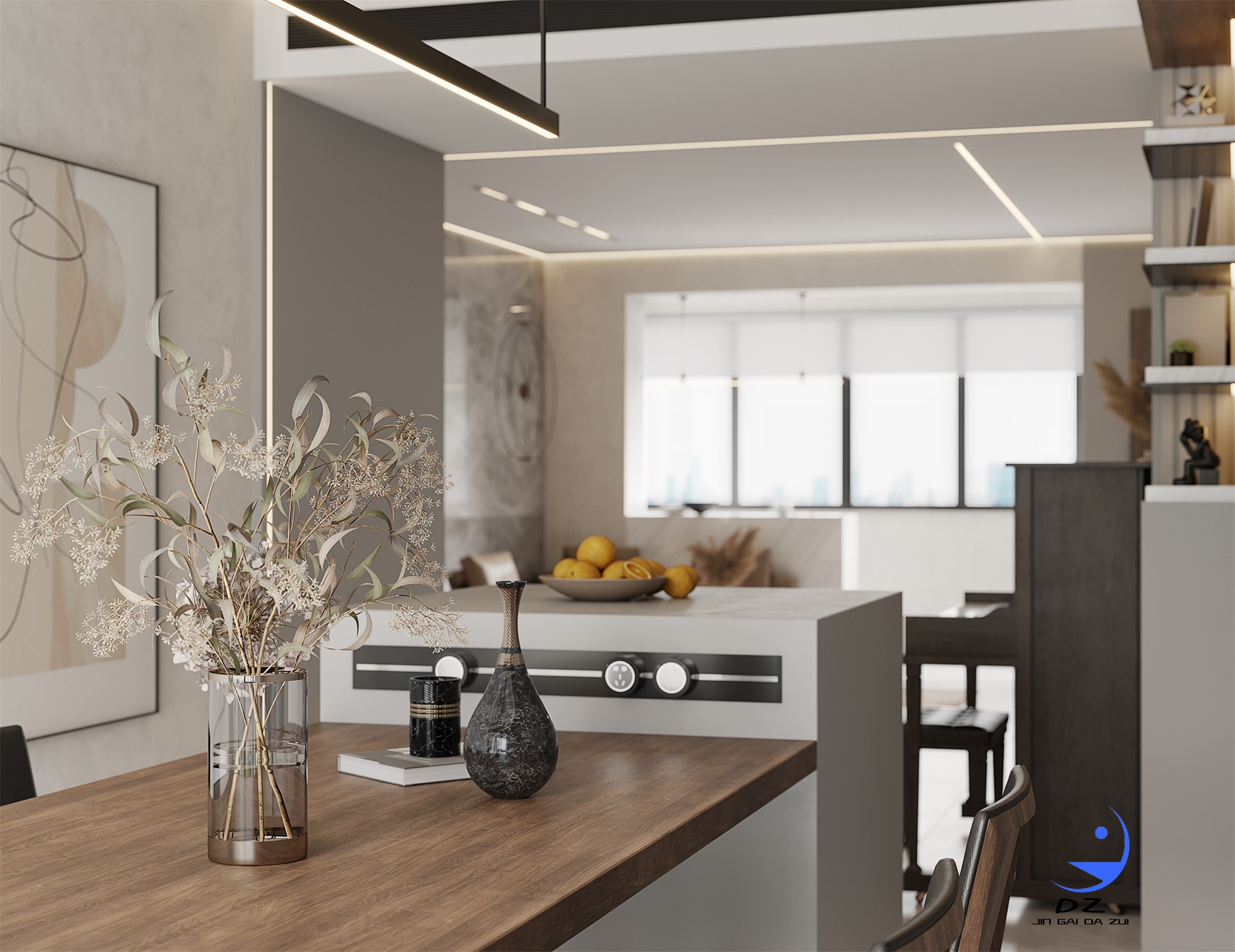 现代黑白系客餐厅卧室过道效果图-32