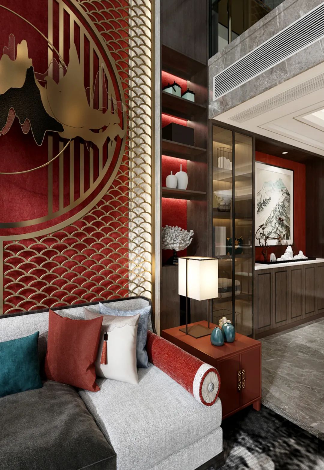 新中式家居空间,红墙碧水演绎亦古宜今的美学魅力-42