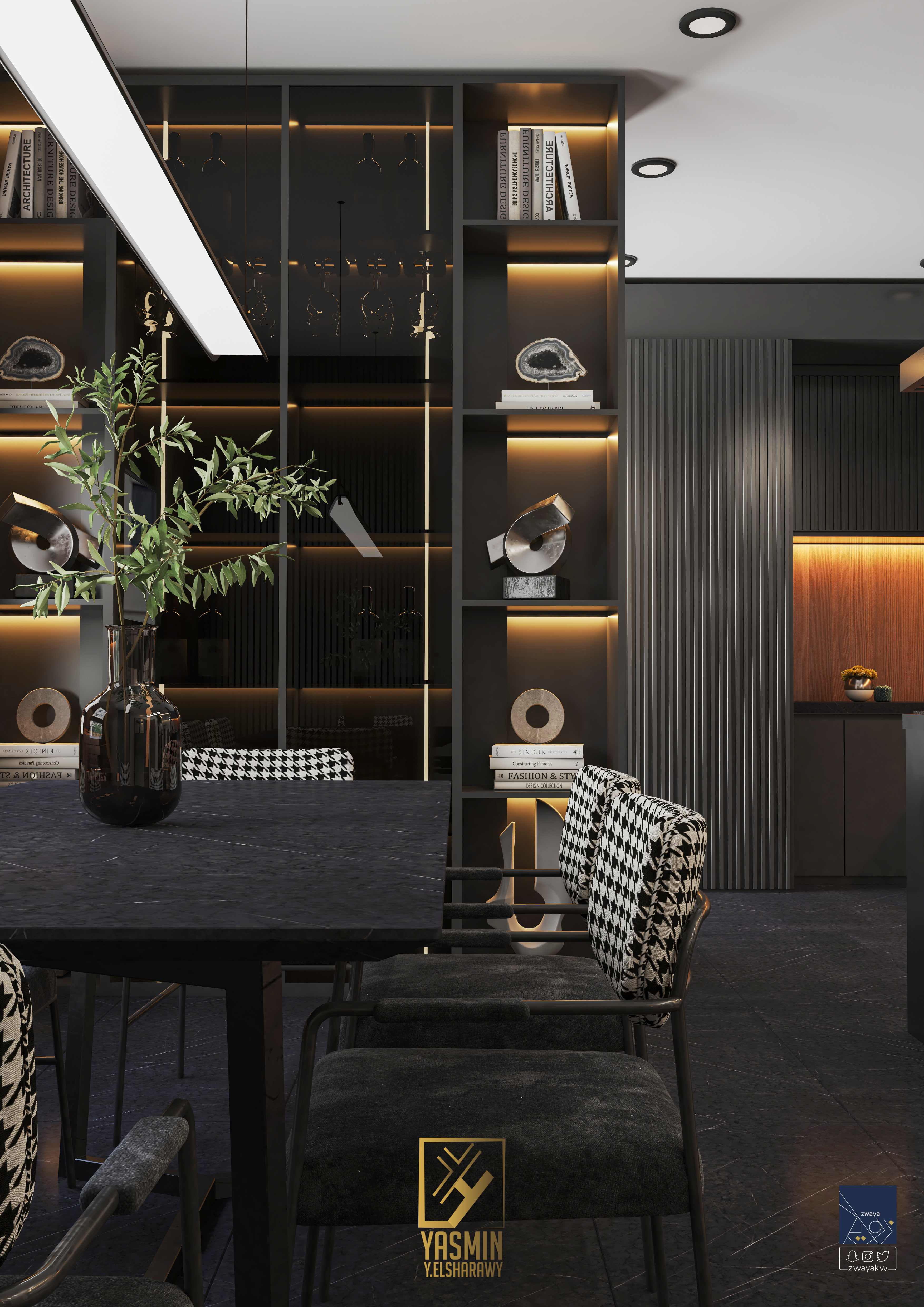 当代客厅与开放式厨房和餐厅设计丨yasminy.elsharawy-19