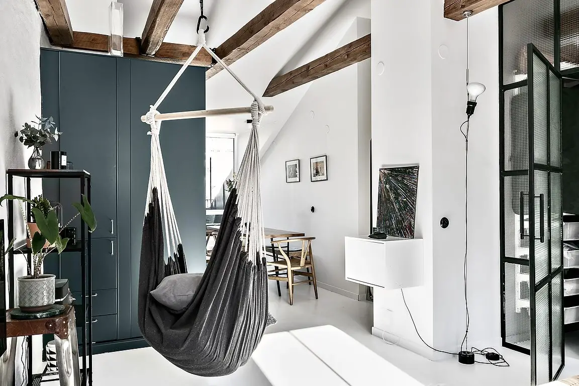 阁楼公寓的现代革新 | 玻璃隔墙与悬挂式吊床-1