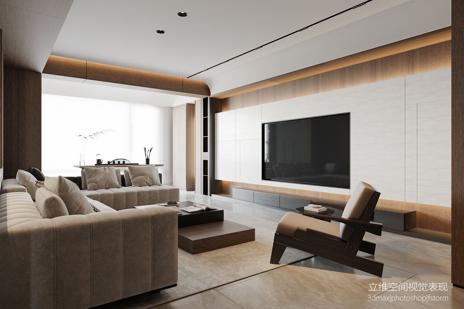 金属与原木的碰撞|现代客餐厅效果图-3