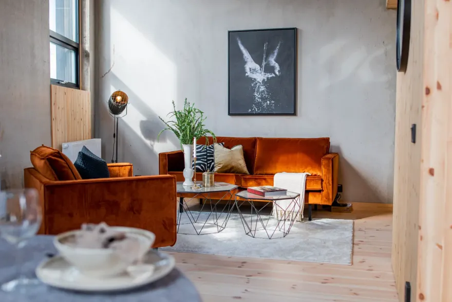 粗糙混凝土墙上的温暖迷你复式公寓-1