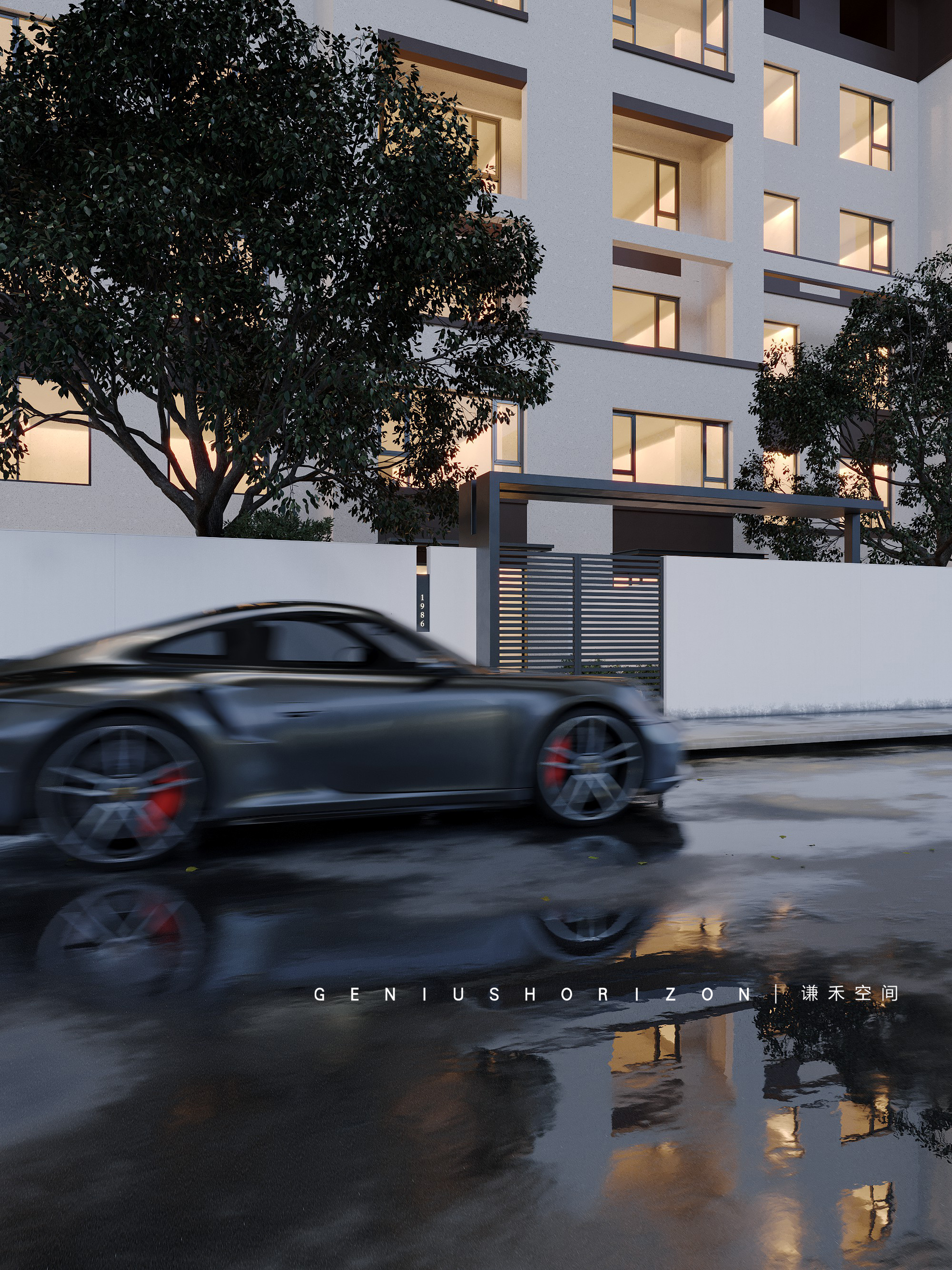 谦禾空间设计 隐山视觉 | 雨天庭院效果表现-9