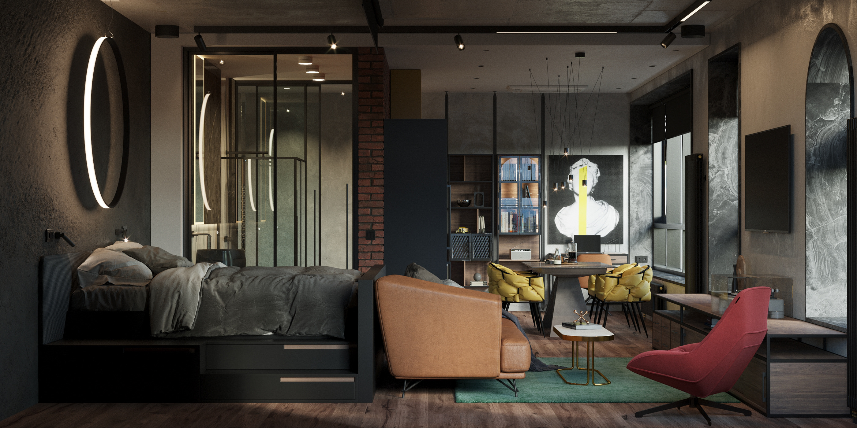 砖墙、黑色厨房和拱形窗户的时尚阁楼式公寓-2