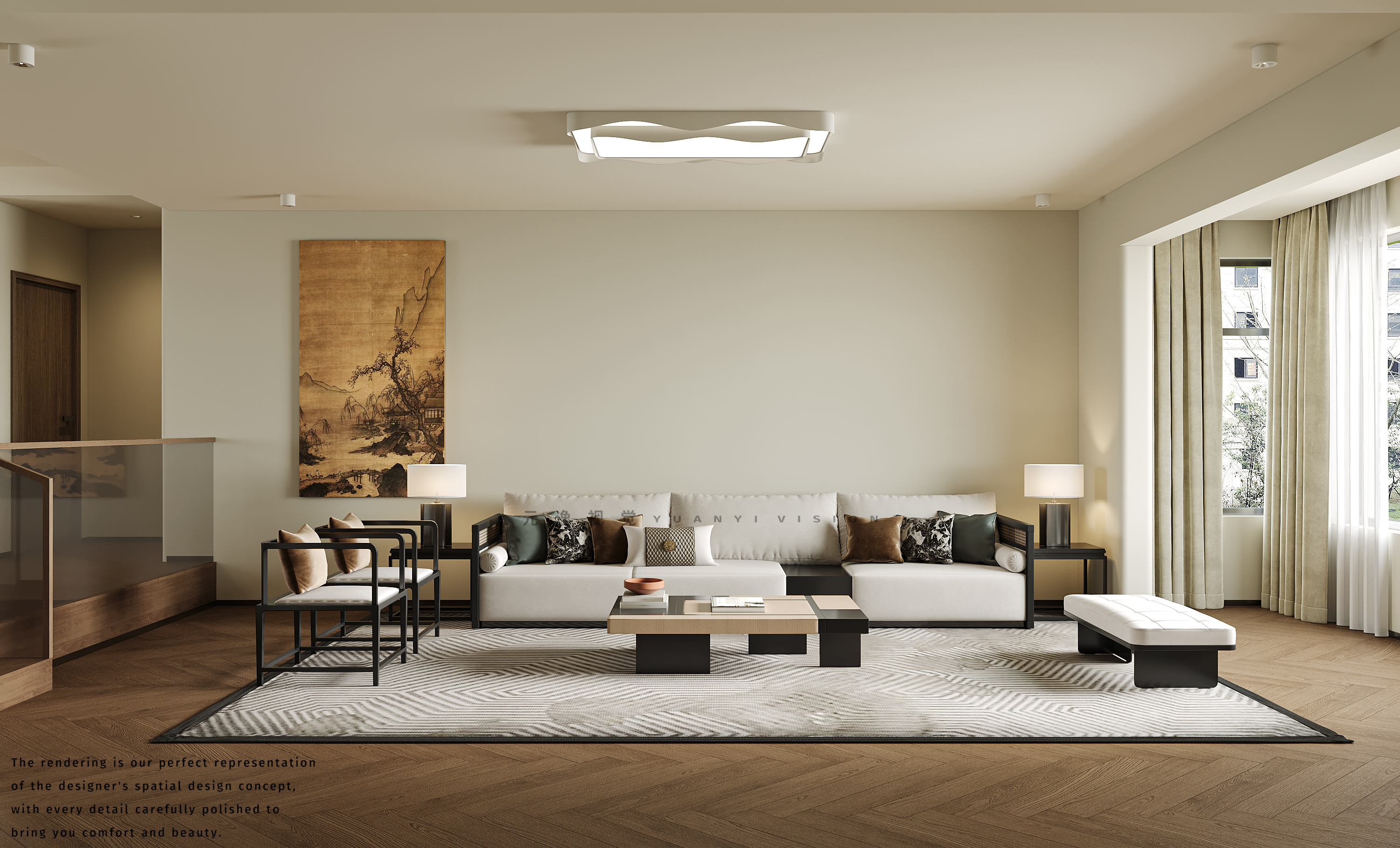 现代中古风客餐厅厨房设计丨个人效果图接单-8