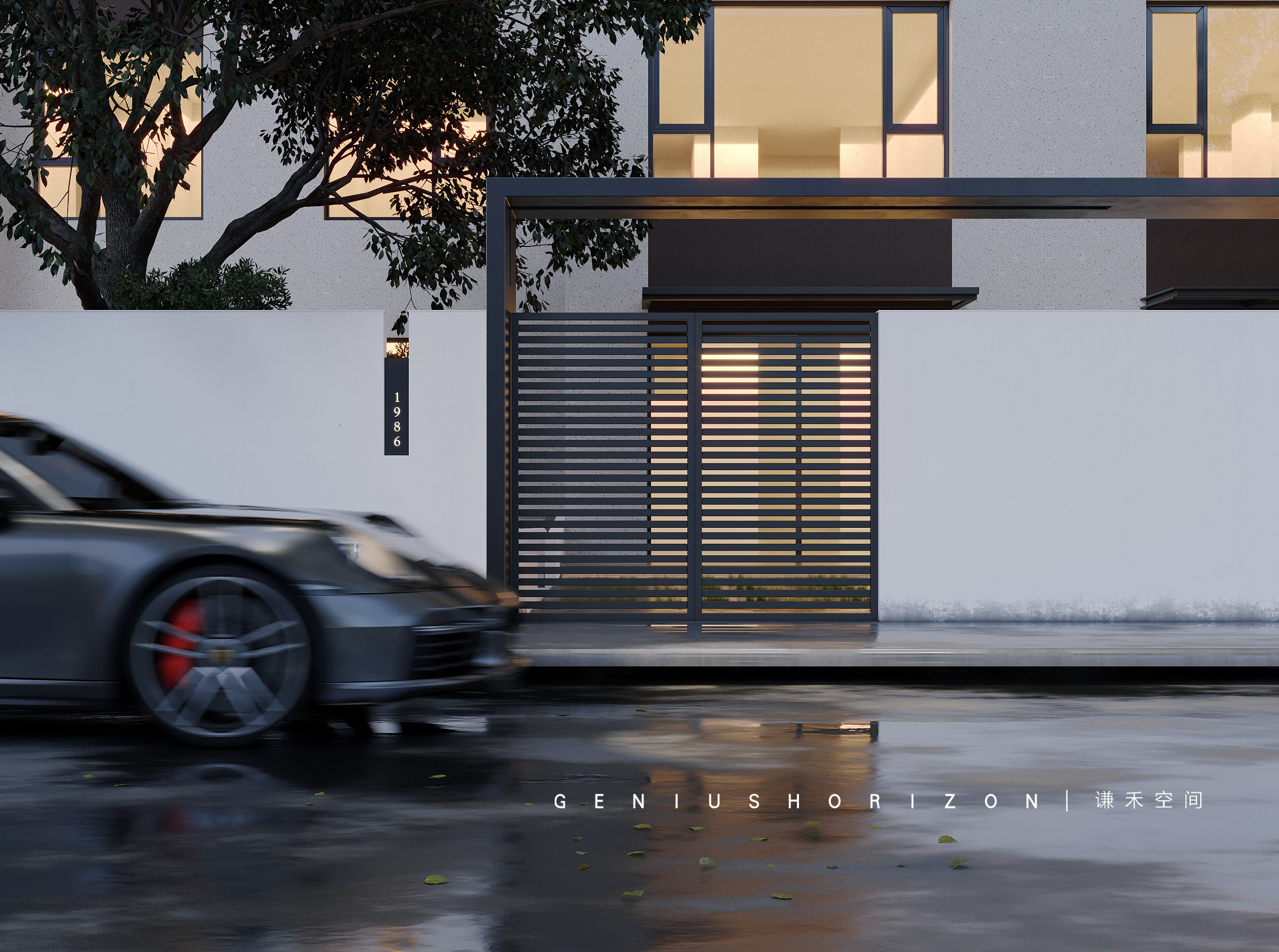 谦禾空间设计 隐山视觉 | 雨天庭院效果表现-10