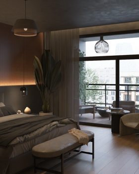 Dark bedroom in a foggy day | Interior Visualization