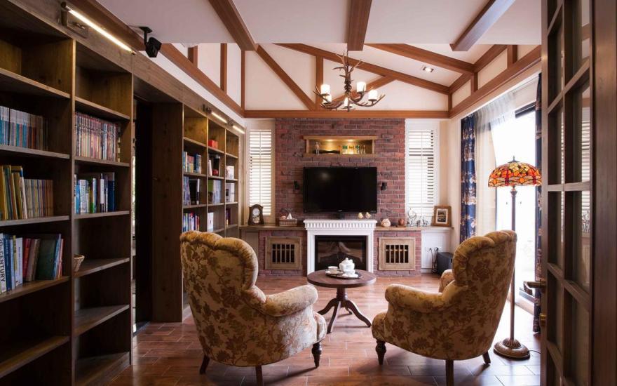 李干才打造乡村风情别墅 | 书香红砖壁炉,自然木头书柜-2