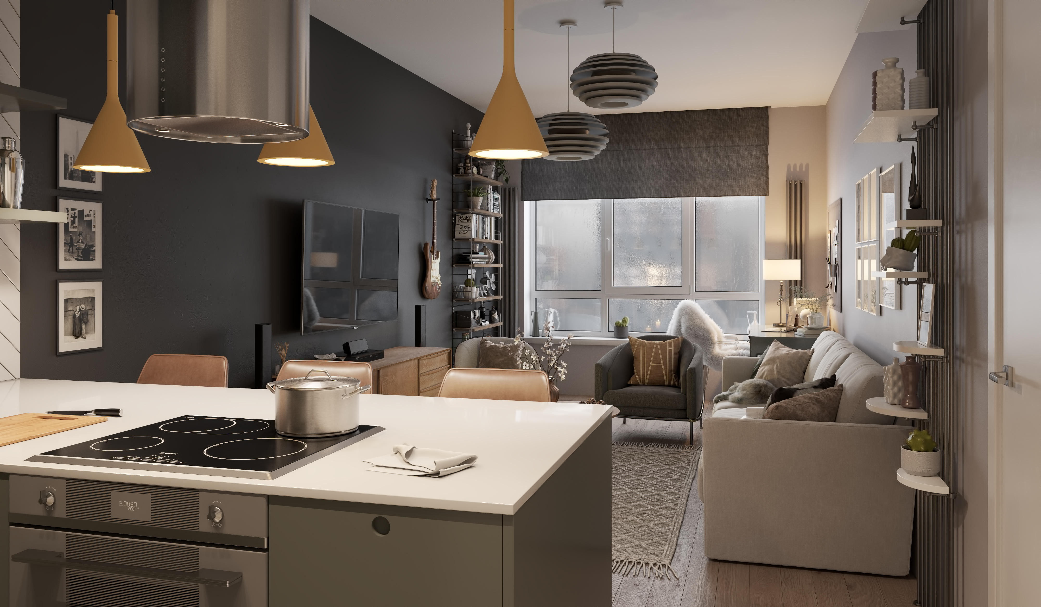 Living room and kitchen of a small apartment-2