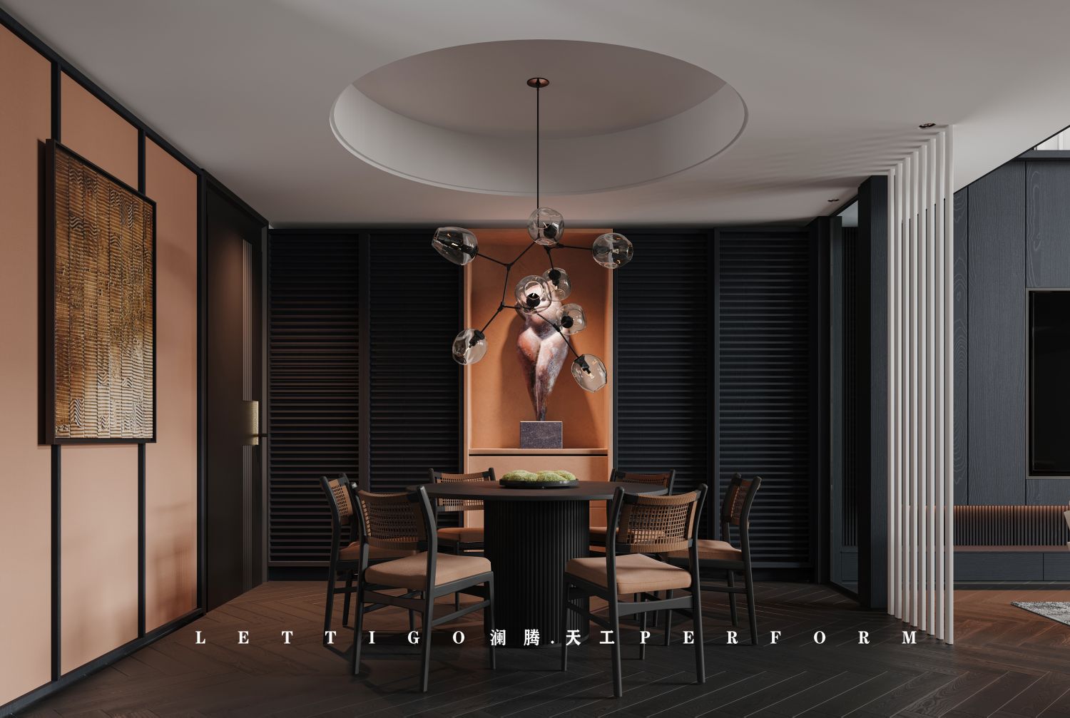 ​现代挑空别墅客餐厅，当高级黑爱上暗红系-12