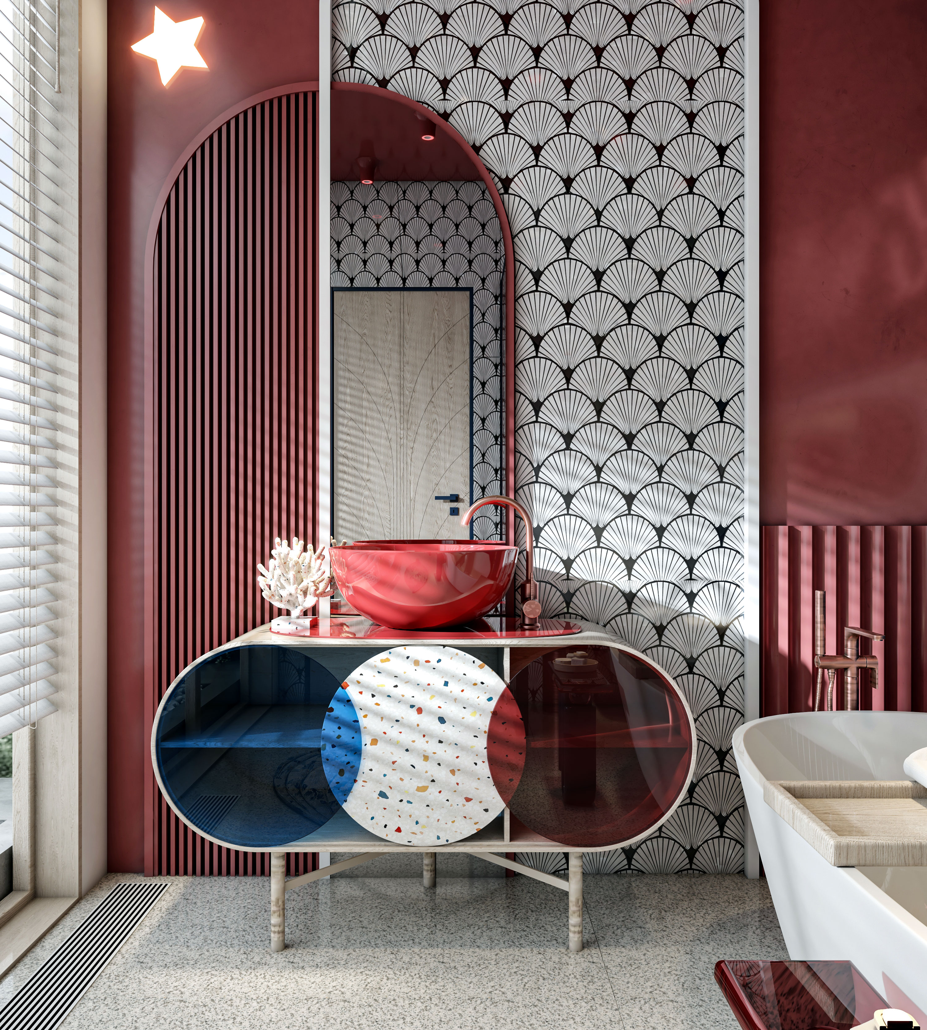 蓝色和红色的浴室 儿童浴室丨HANAN AMR-7