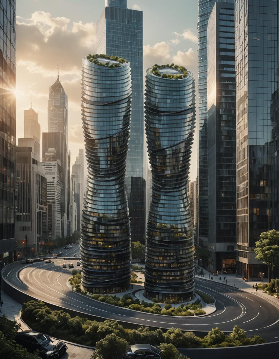 A pair of modern, twisting skyscrapers with dark,-1