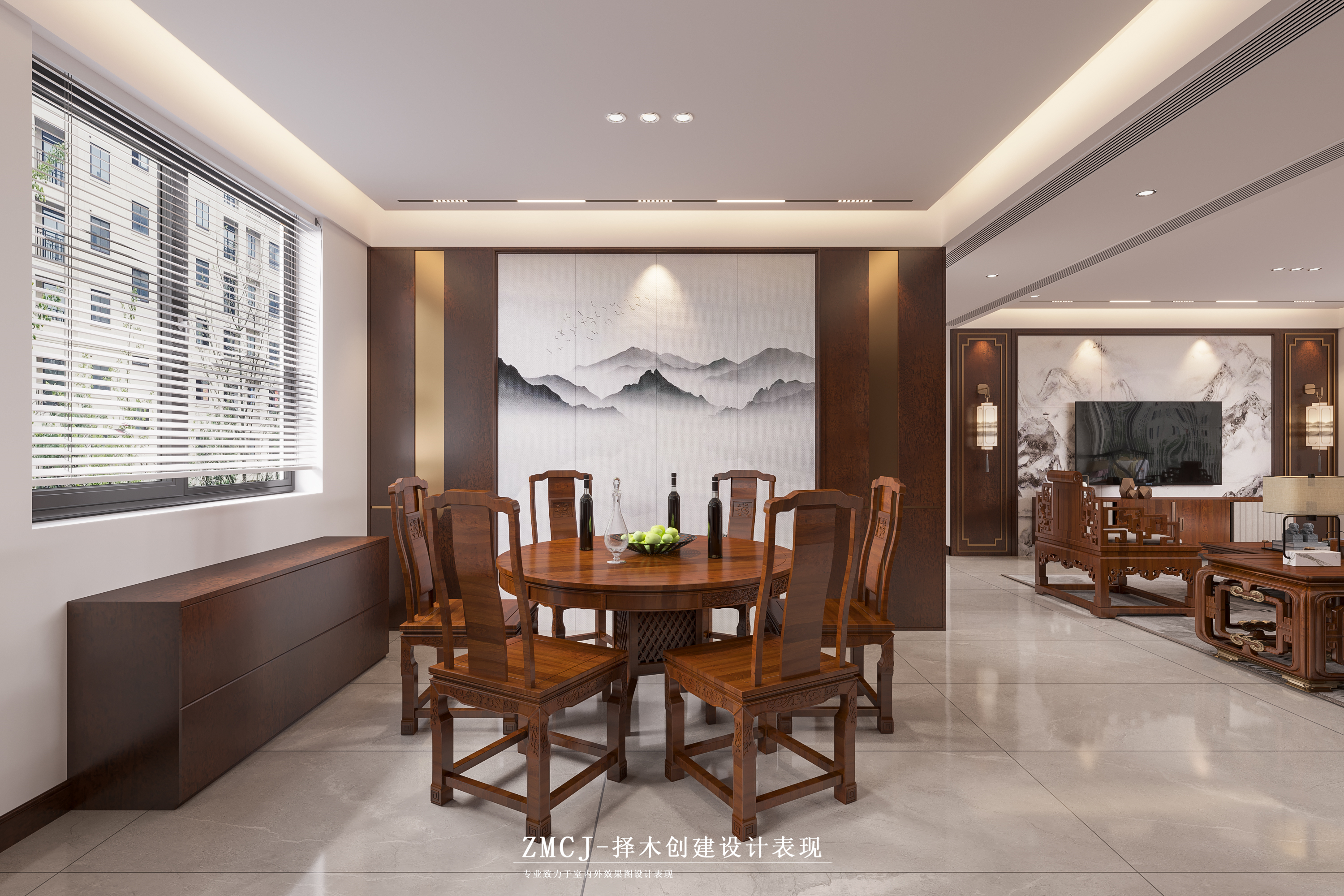 新中式风格客餐厅卧室—择木创建新晨效果图-1