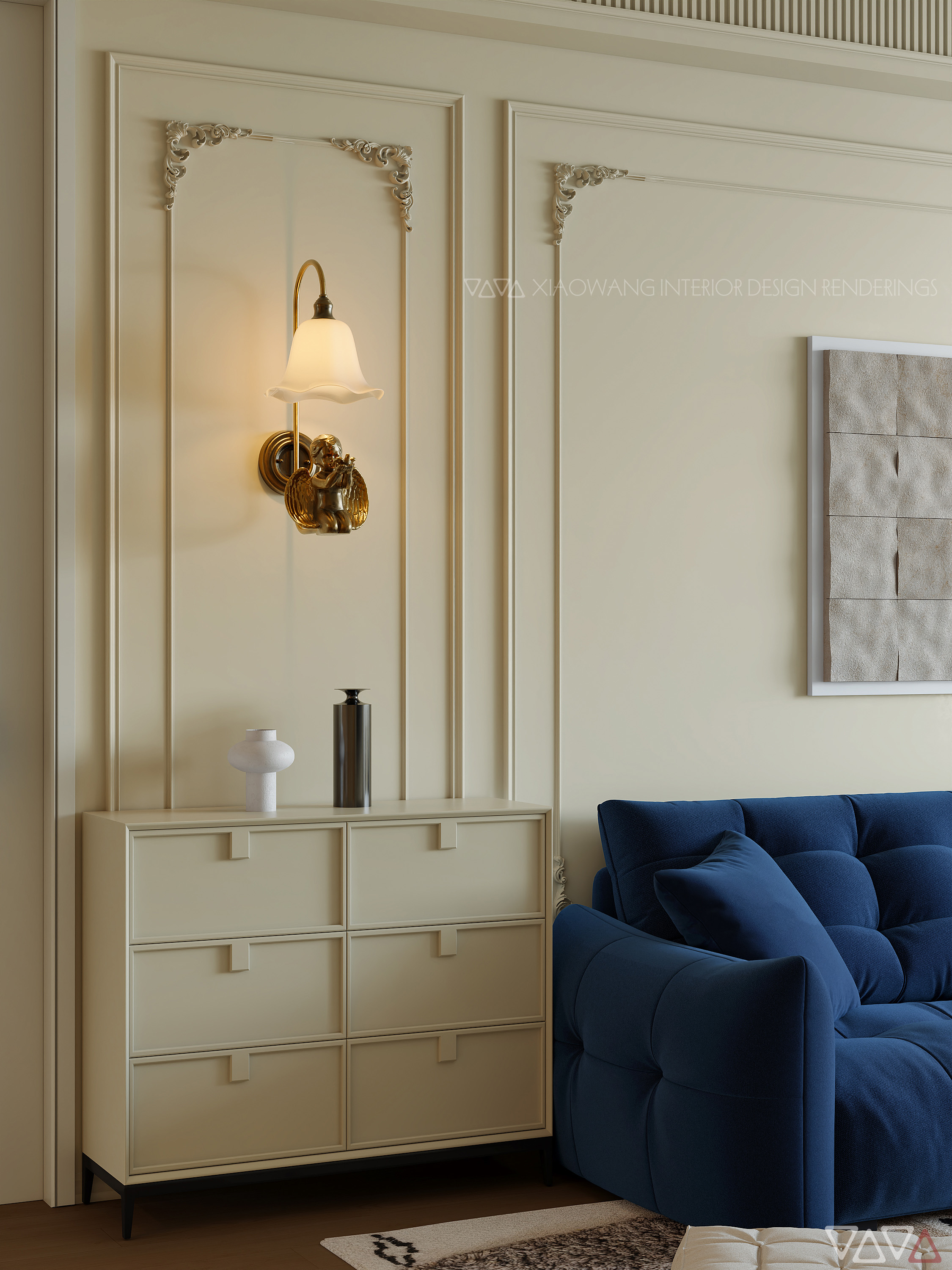 法式奶油风客餐厅效果图-17