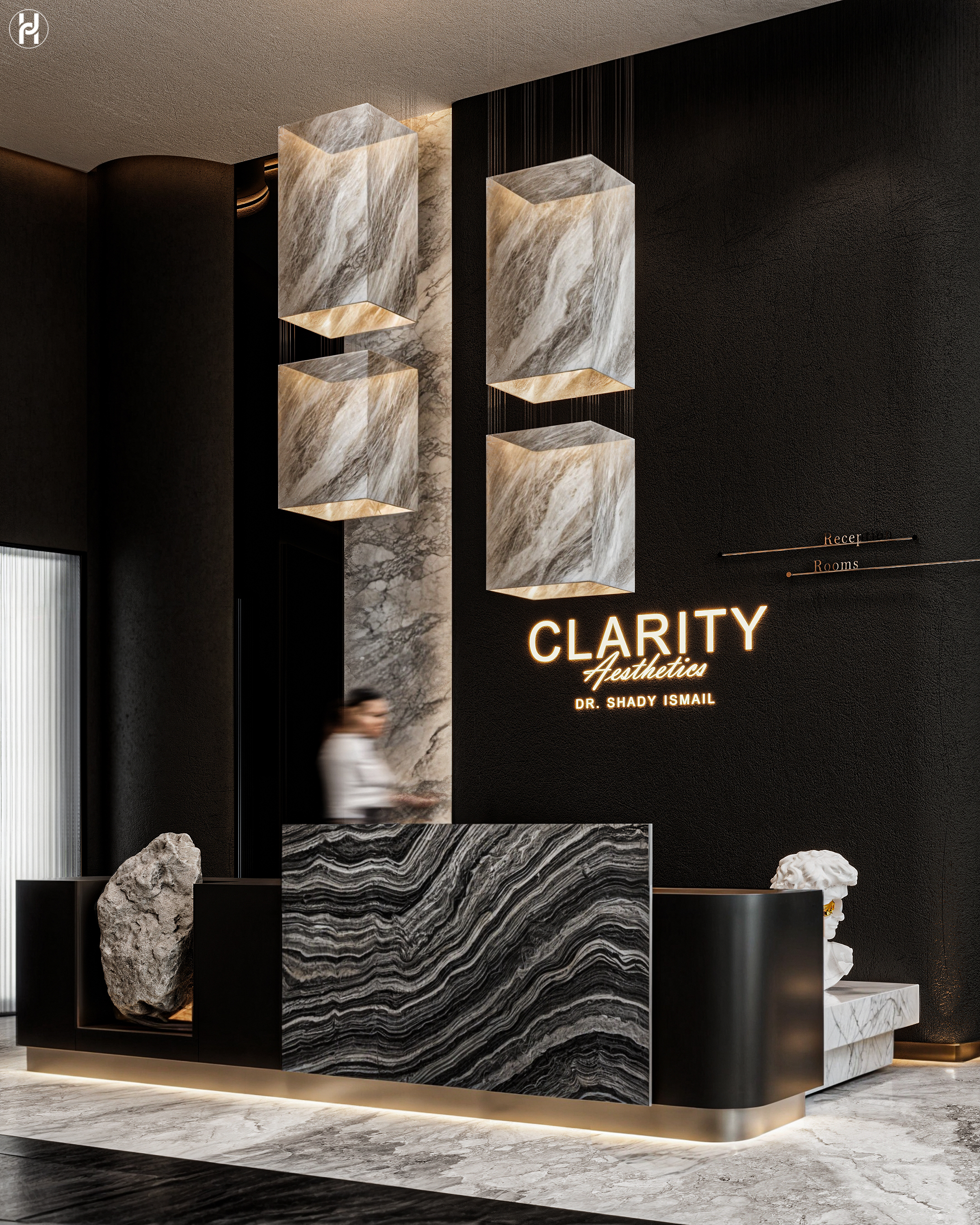锐晰美学诊所

注：CLARITY直译为清晰、清澈，这里根据语境意译为锐晰 以体现专业和清晰感；AESTHETICS是美学；CLINC可能是CLINIC拼写错误，CLINIC意为诊所  丨YOUSEF HABASHY-9