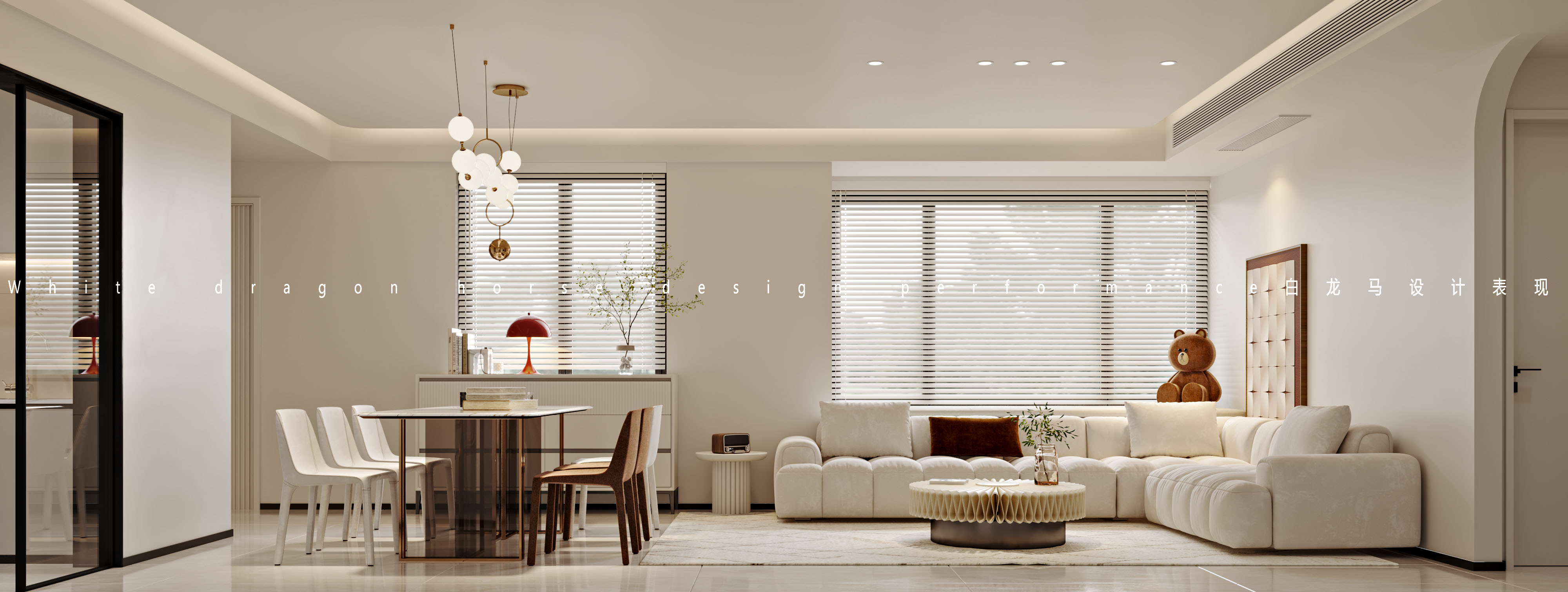 奶油风客餐厅卧室——白龙马效果图-2