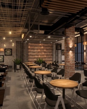 Contemporary Café Interior Design – Industrial Warmth