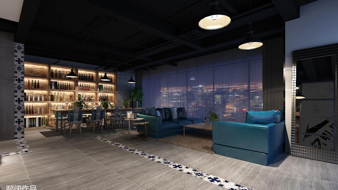 复古工业风 SOHO 设计，老船木酒柜与蓝白花砖碰撞火花-6