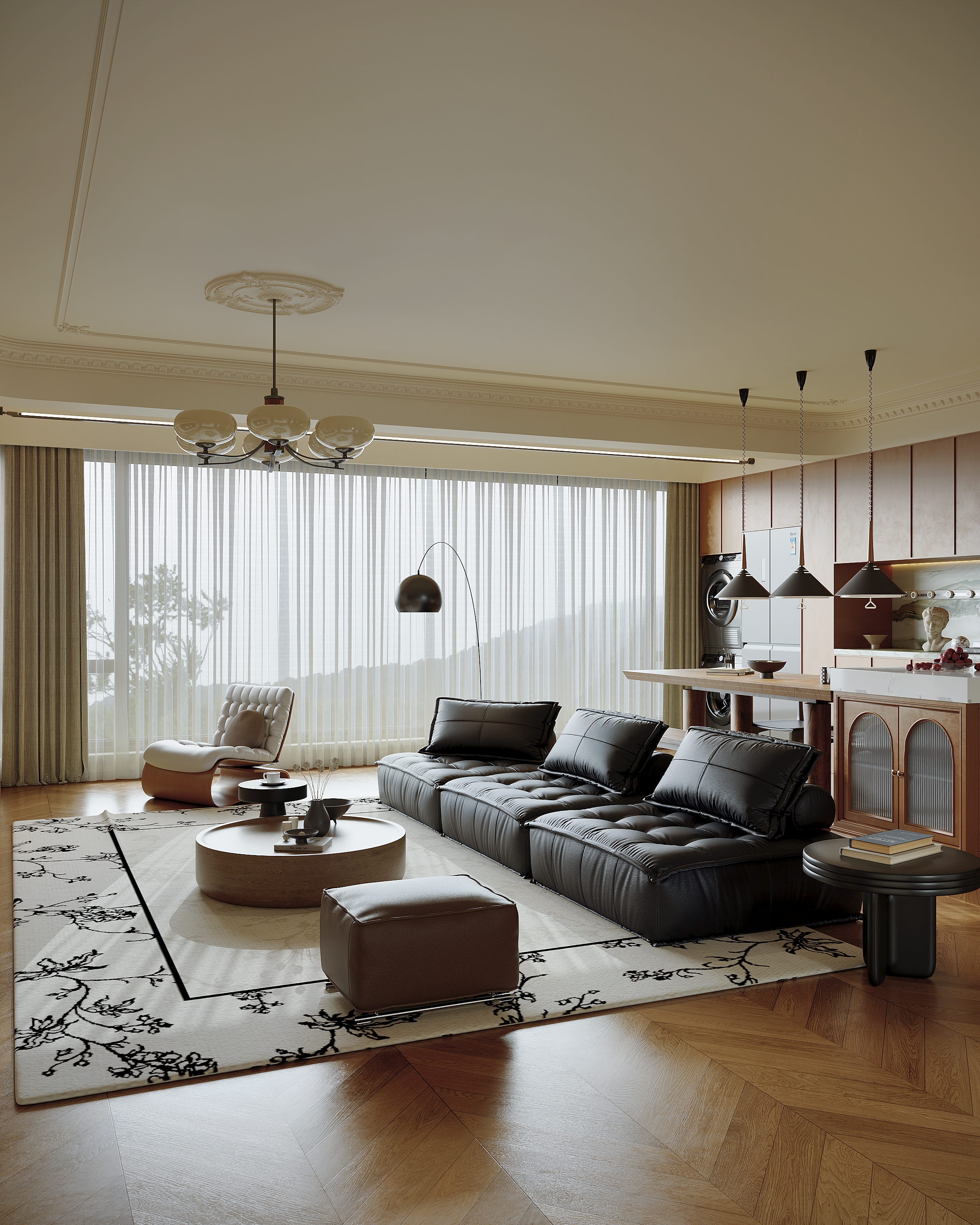 法式 奶油风 中古风客餐厅效果图-0