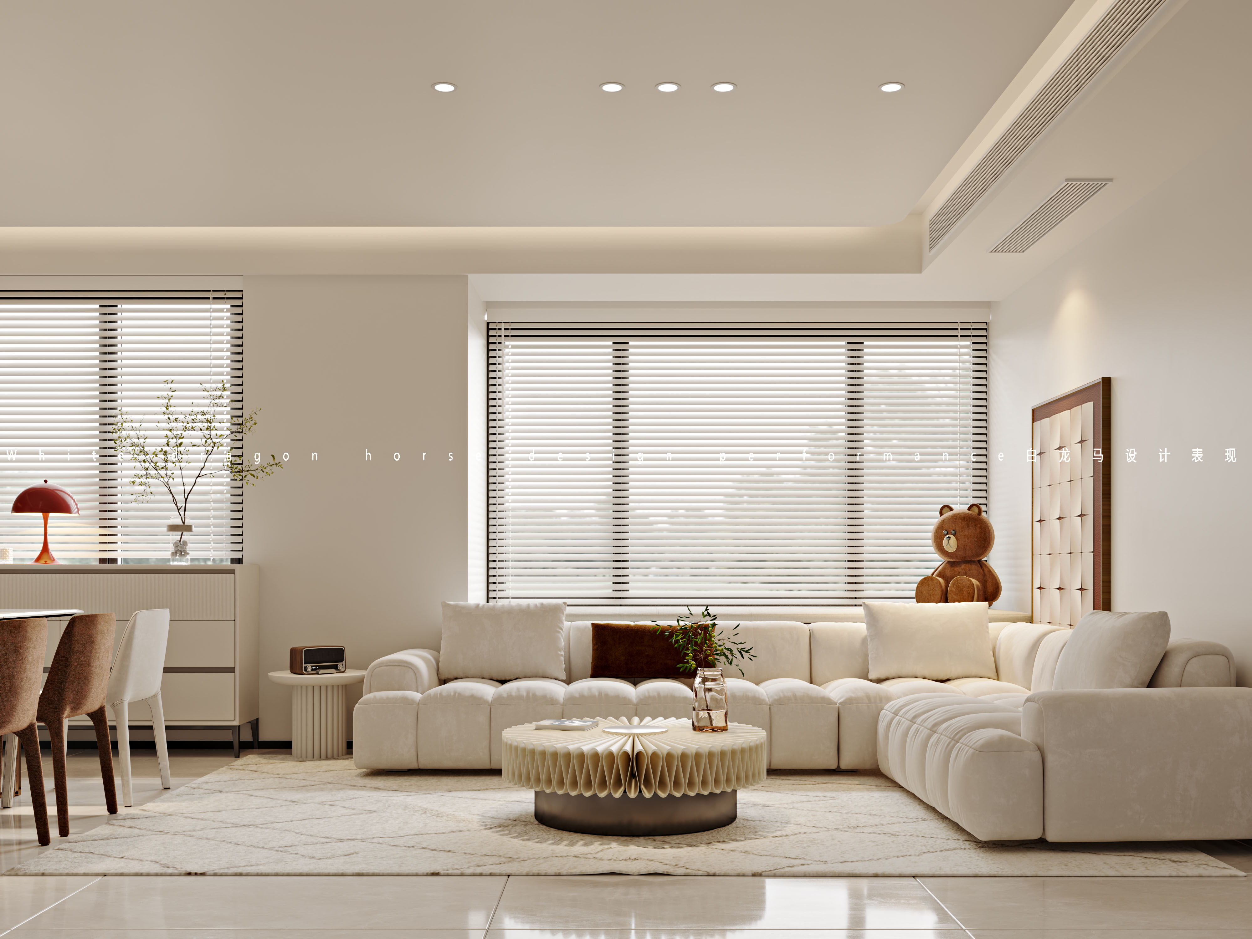 奶油风客餐厅卧室——白龙马效果图-3