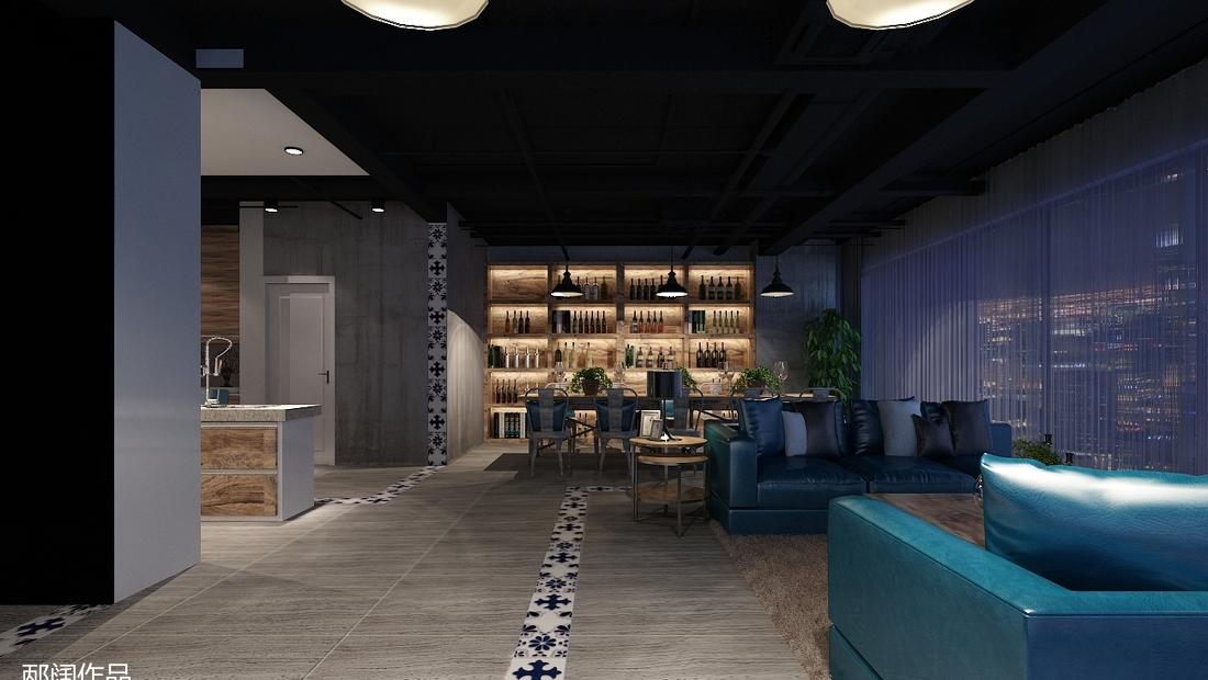 复古工业风 SOHO 设计，老船木酒柜与蓝白花砖碰撞火花-2