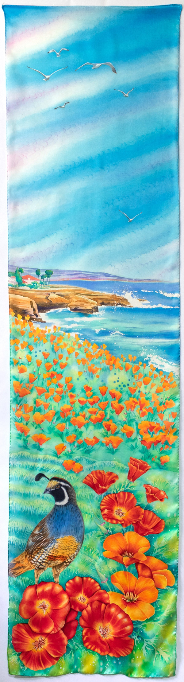 手绘加利福尼亚鹌鹑与罂粟花丝绸围巾-4