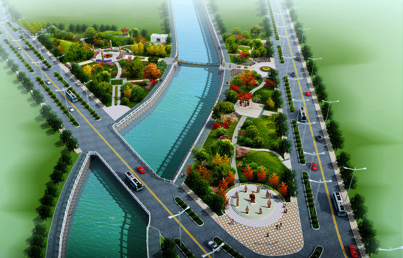 高架桥.立交桥景观绿化设计案例鸟瞰效果图-5