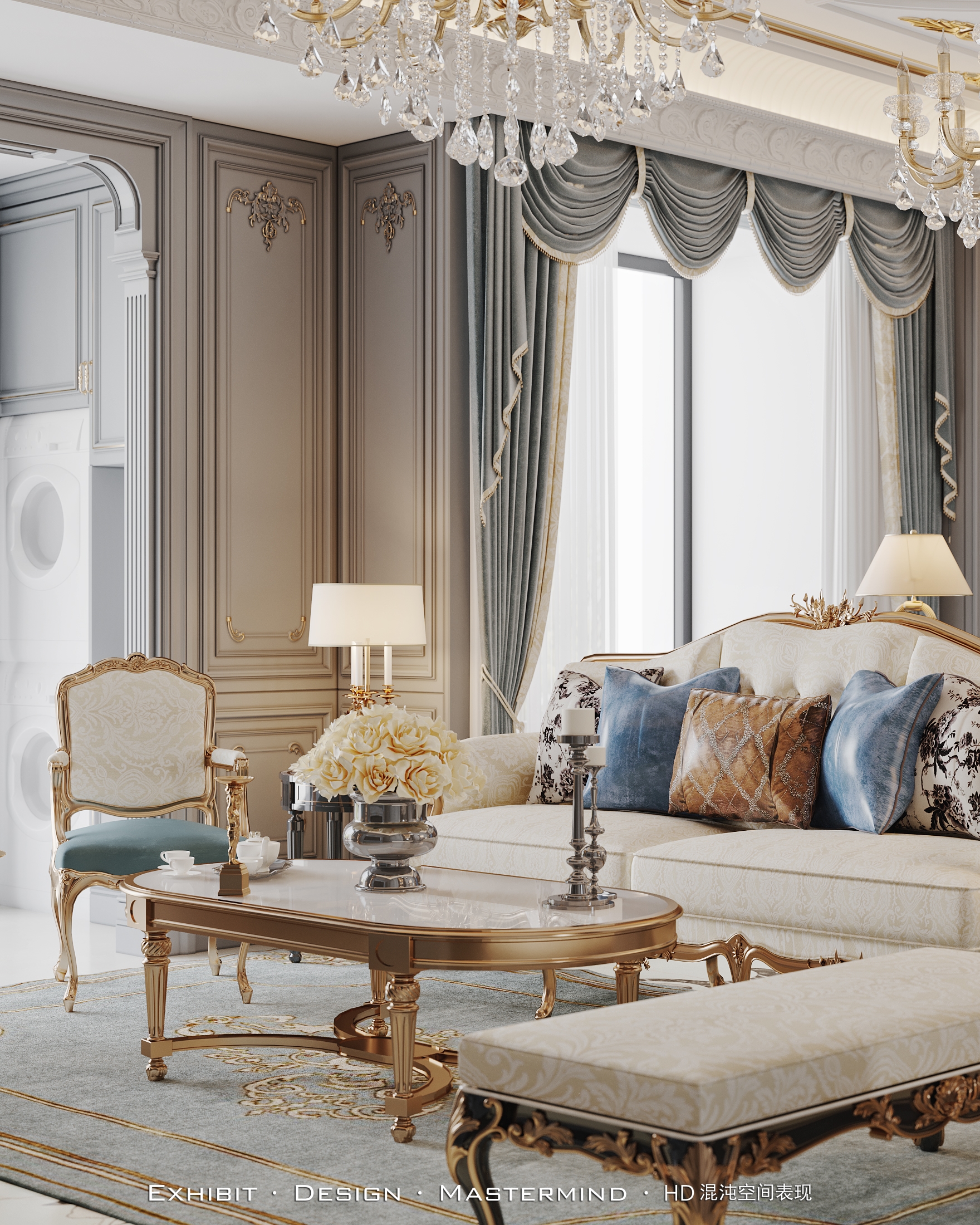 法式轻奢风复式客餐厅效果丨混沌空间表现-3