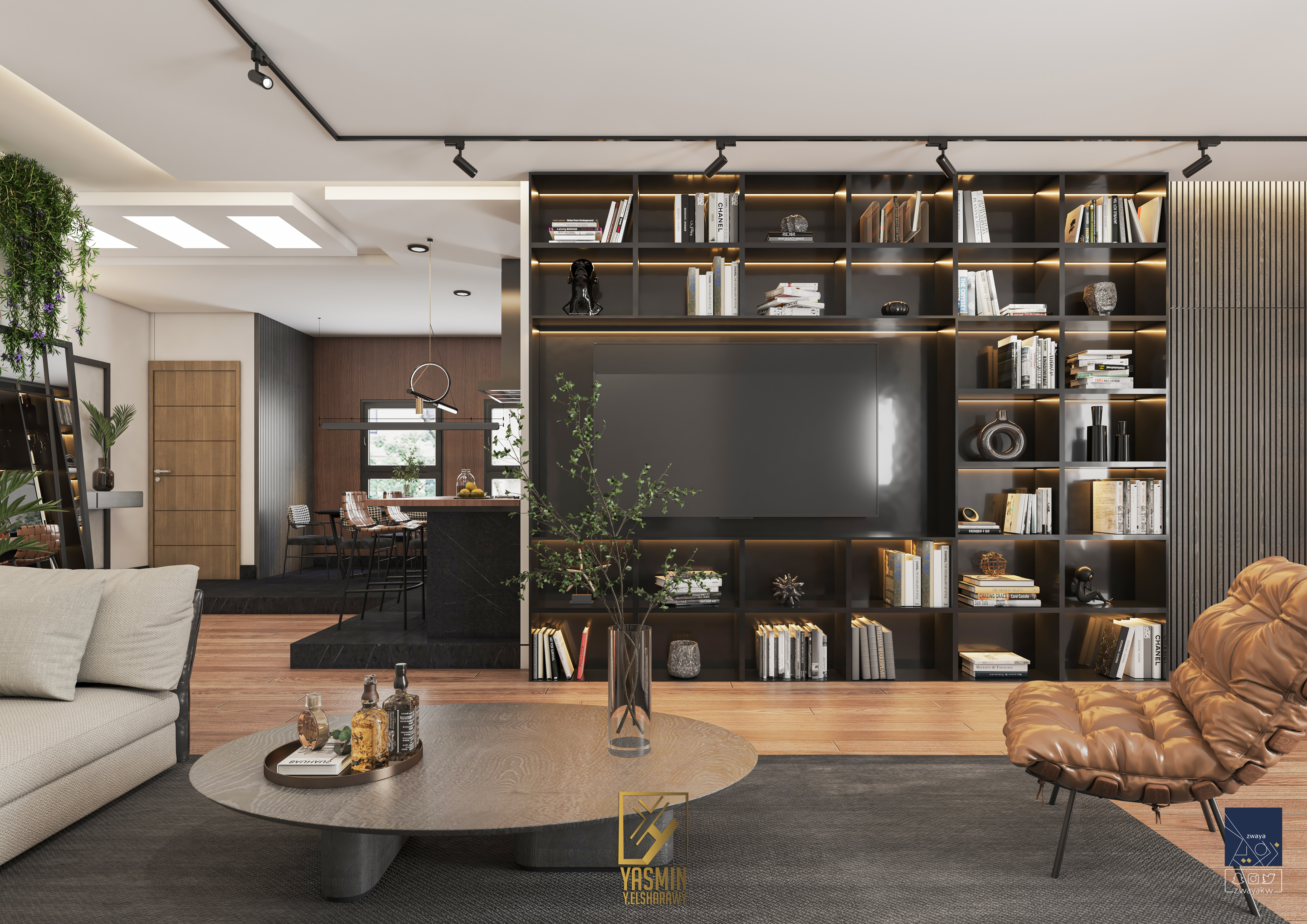 当代客厅与开放式厨房和餐厅设计丨yasminy.elsharawy-11