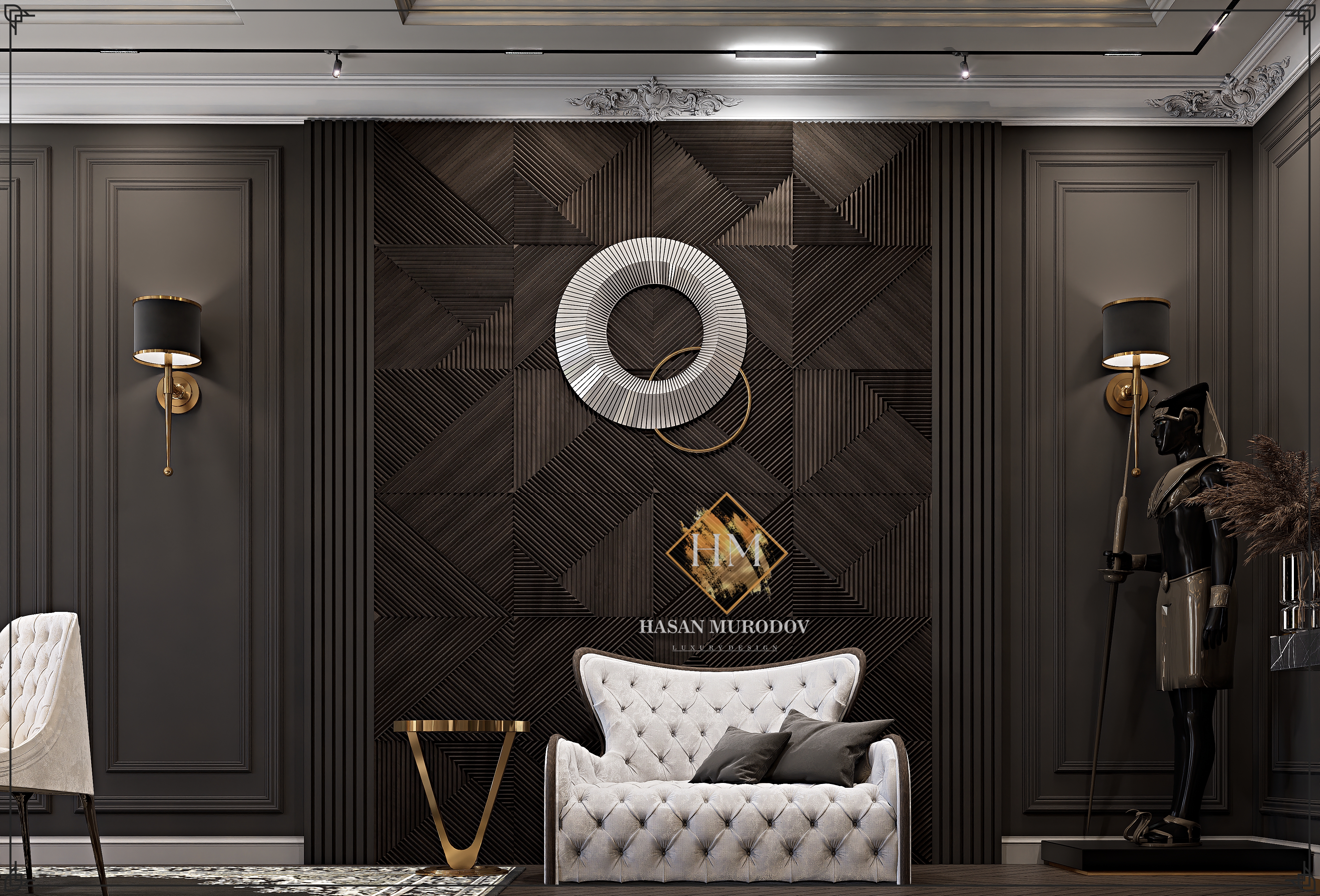 living room in neoclassical style in dark colors-2