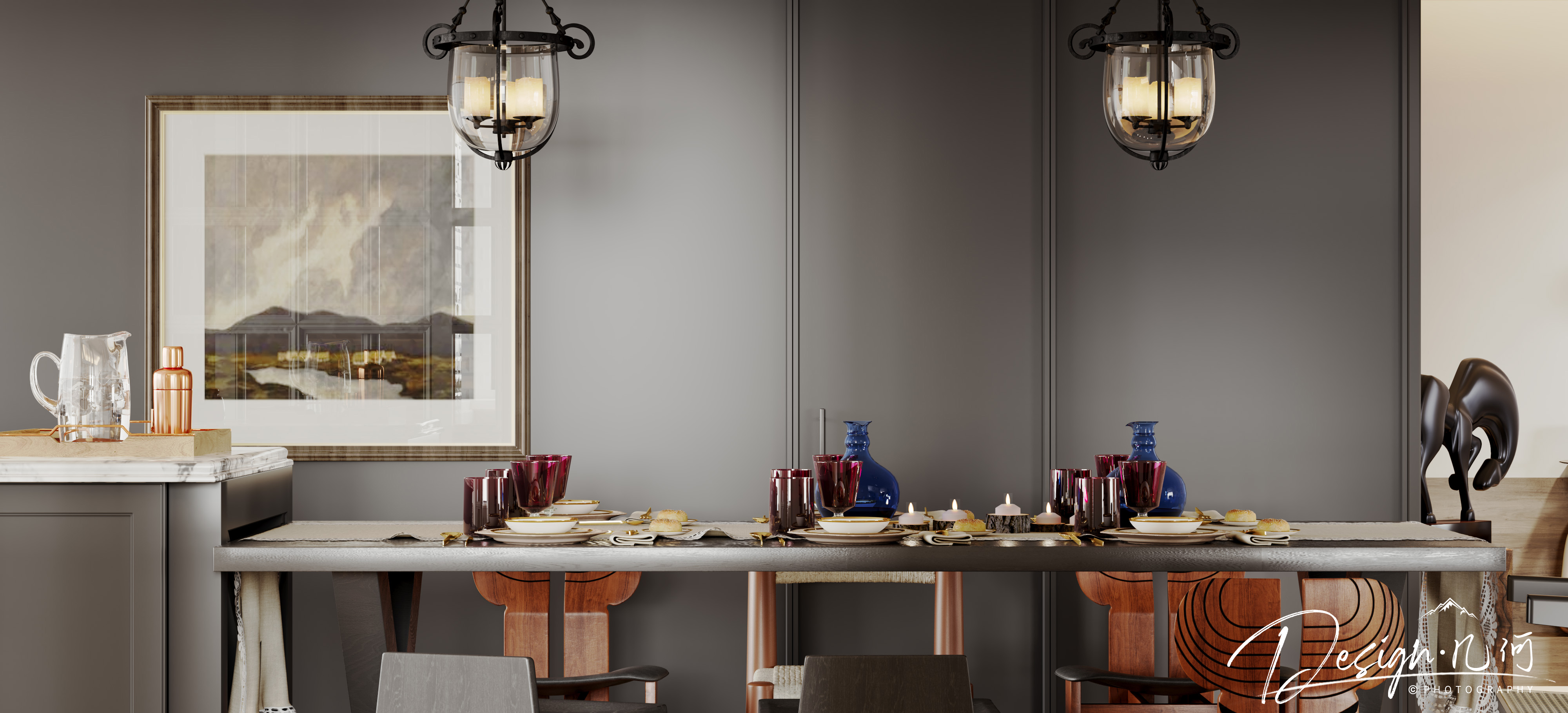 几何空间视觉表现 | 琥珀山庄乡村田园美式客餐厅-23