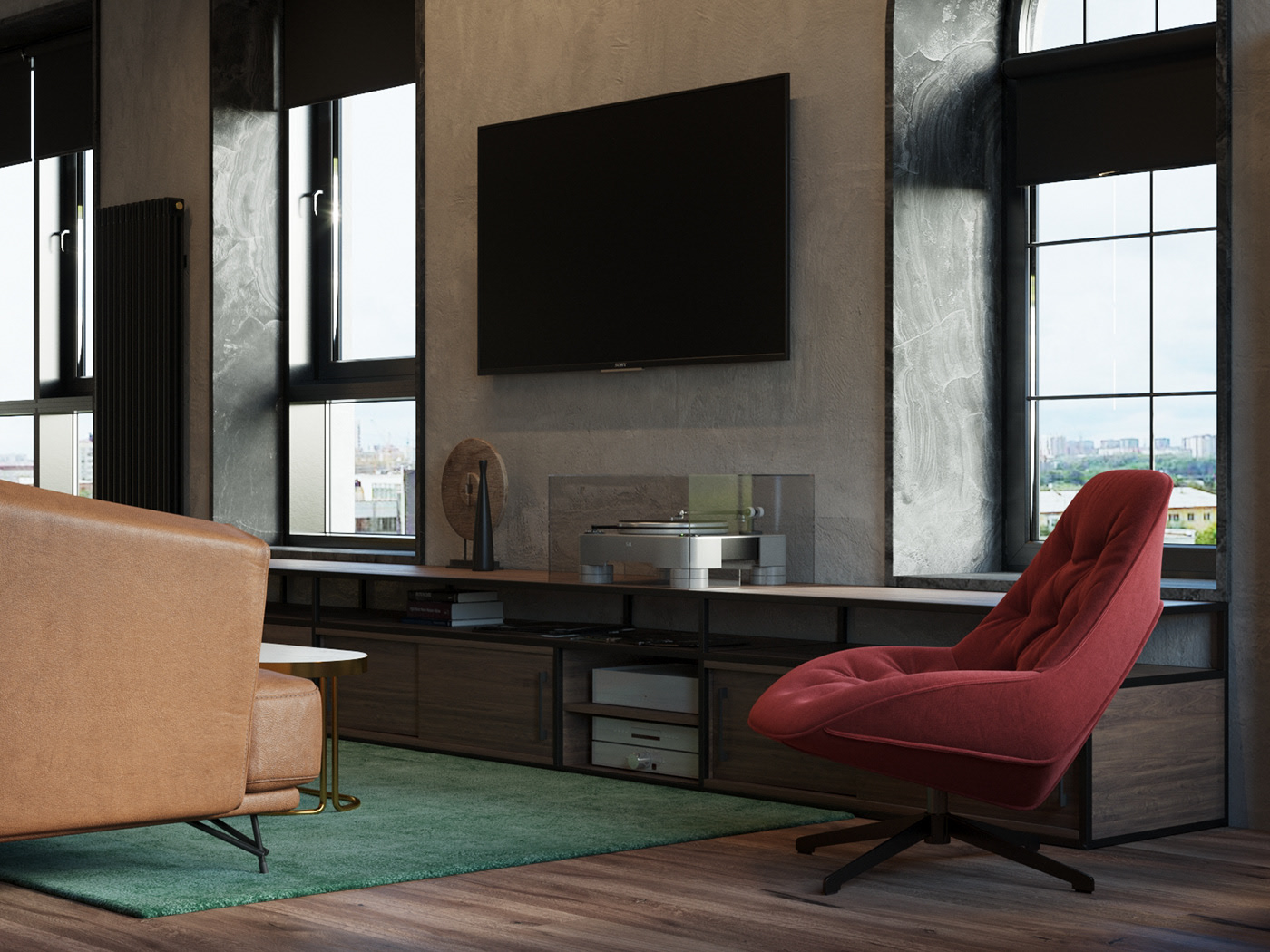 砖墙、黑色厨房和拱形窗户的时尚阁楼式公寓-1