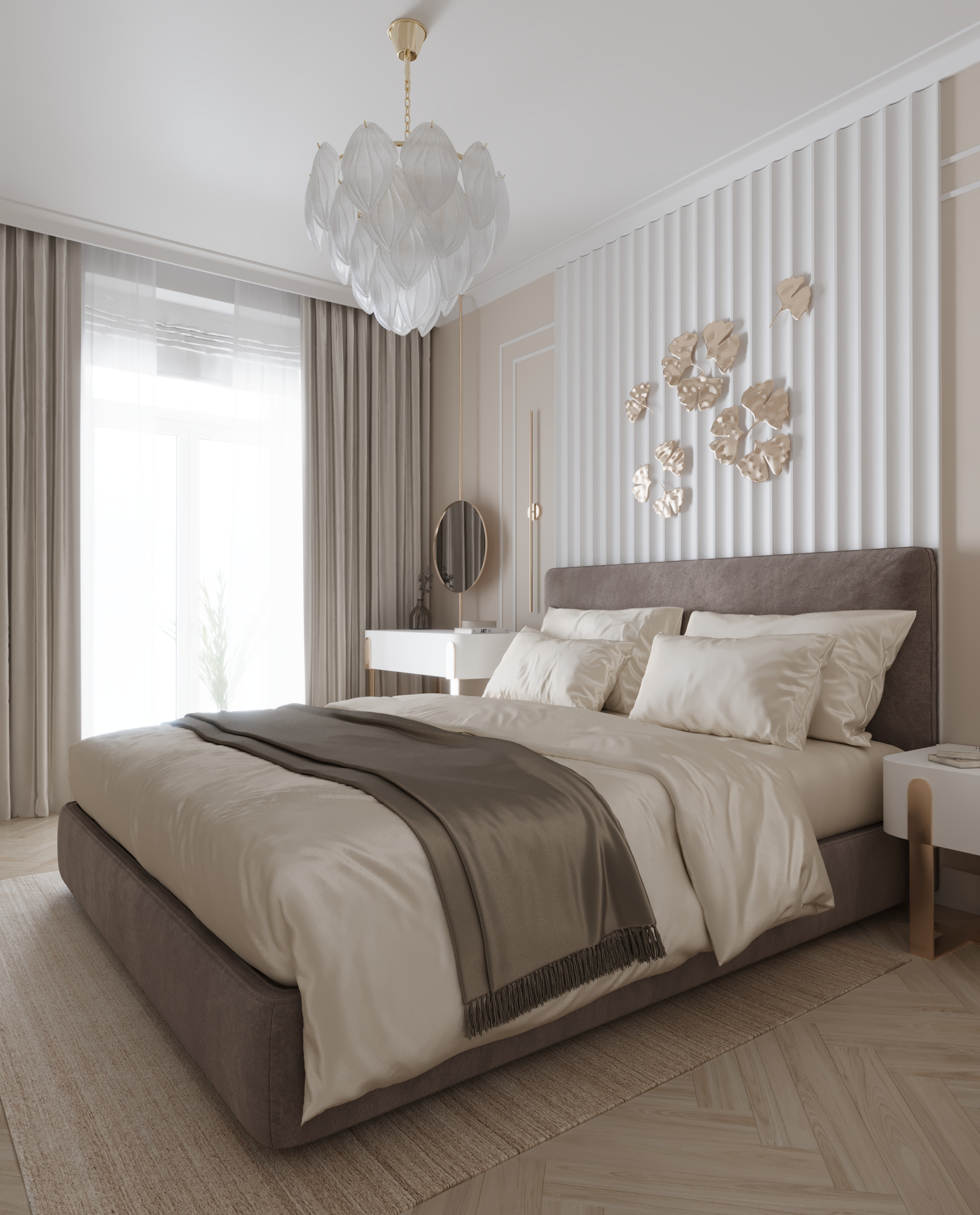 Beige color bedroom with metal decor 3D visualisation-6