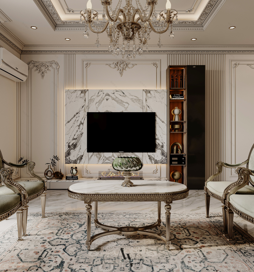 经典家庭接待处;经典家庭接待区(这里需结合具体语境判断更合适的表述,若用于酒店场景,经典家庭接待处较合适;若用于家居空间描述,经典家庭接待区更恰当,但按要求只能提供此两个较常见的可能,实际应用需结合具体情况) 丨archivision staudio(设计师Dina Farouk)-17