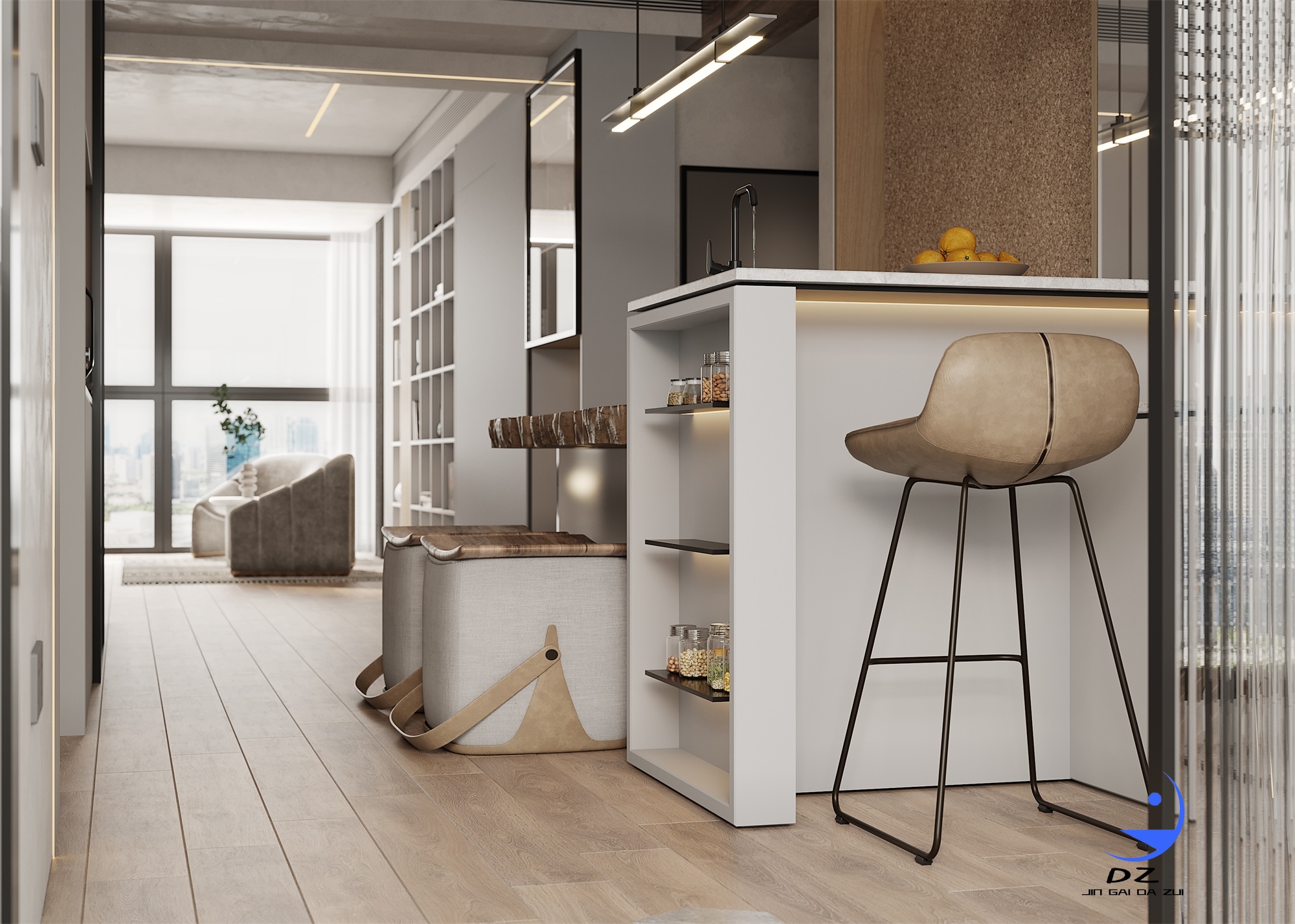 现代黑白系客餐厅卧室过道效果图-22