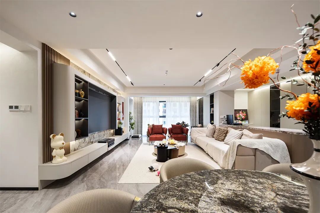 深圳30万打造180平深灰现代简约风教科书！无主灯+原木大理石客厅封神-9