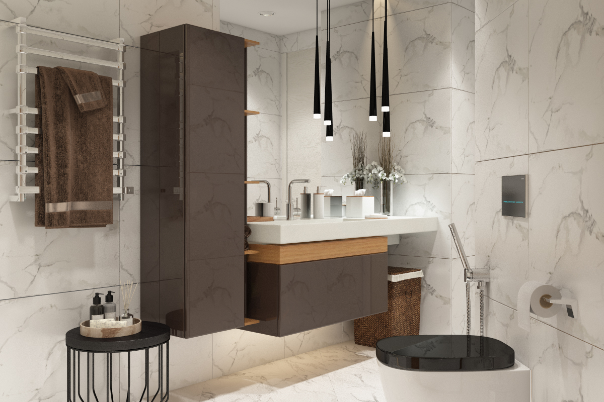 Оформление ванной в сдержанных тонах 9м² — портфолио бюро ARXY-21