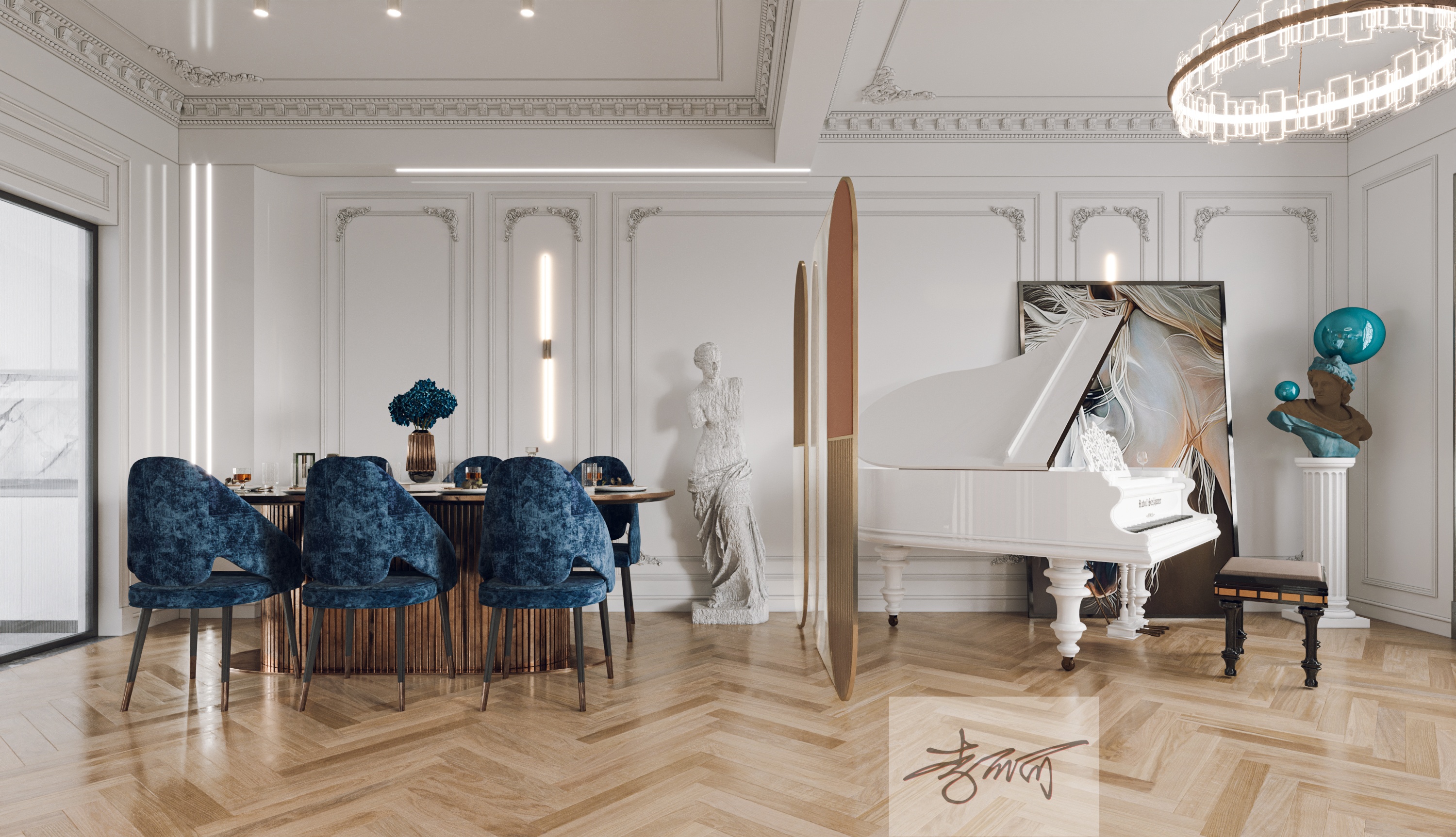 轻法式，雕花石膏线勾勒浪漫，奶油白与淡金碰撞温柔-1