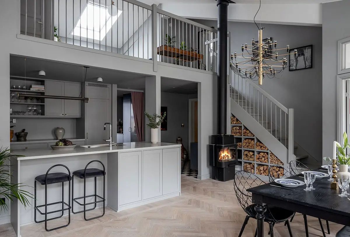 30 年代瑞典建筑中的温馨灰色家庭复式公寓-1