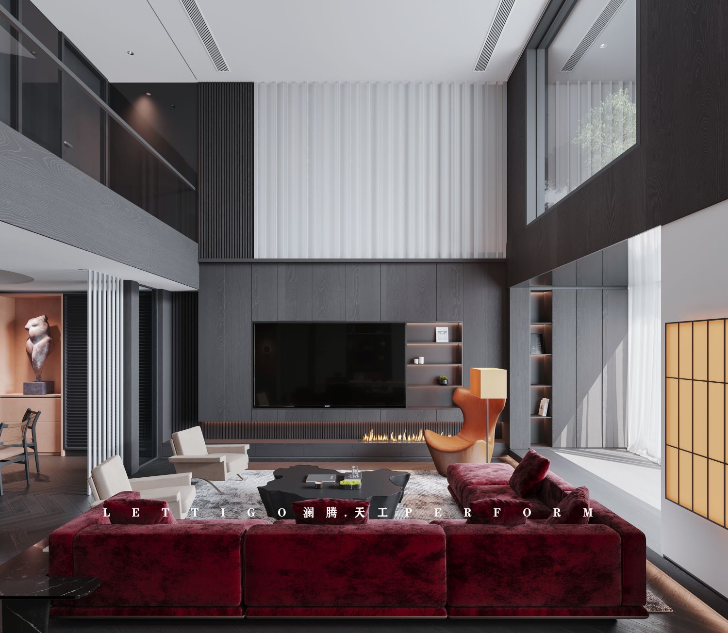 ​现代挑空别墅客餐厅，当高级黑爱上暗红系-1