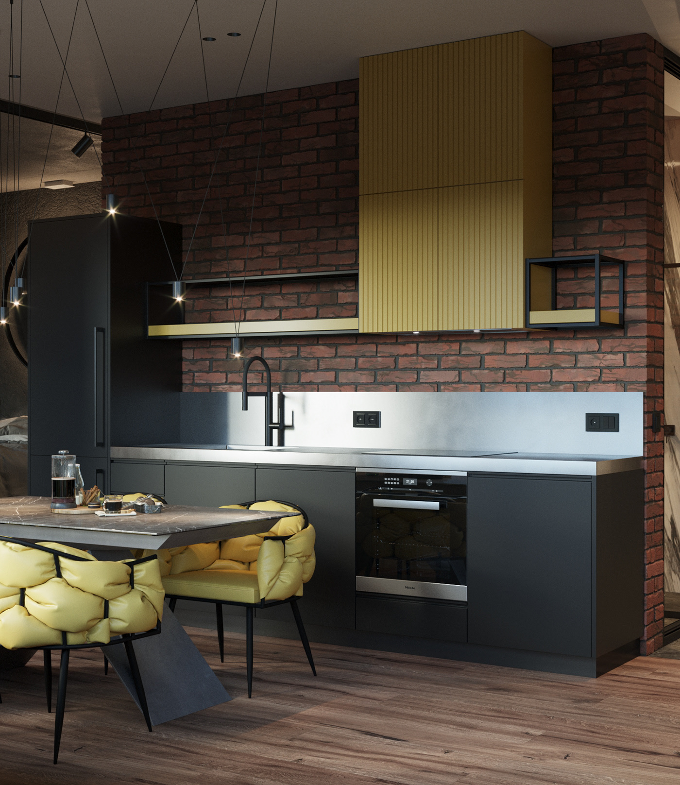 砖墙、黑色厨房和拱形窗户的时尚阁楼式公寓-8