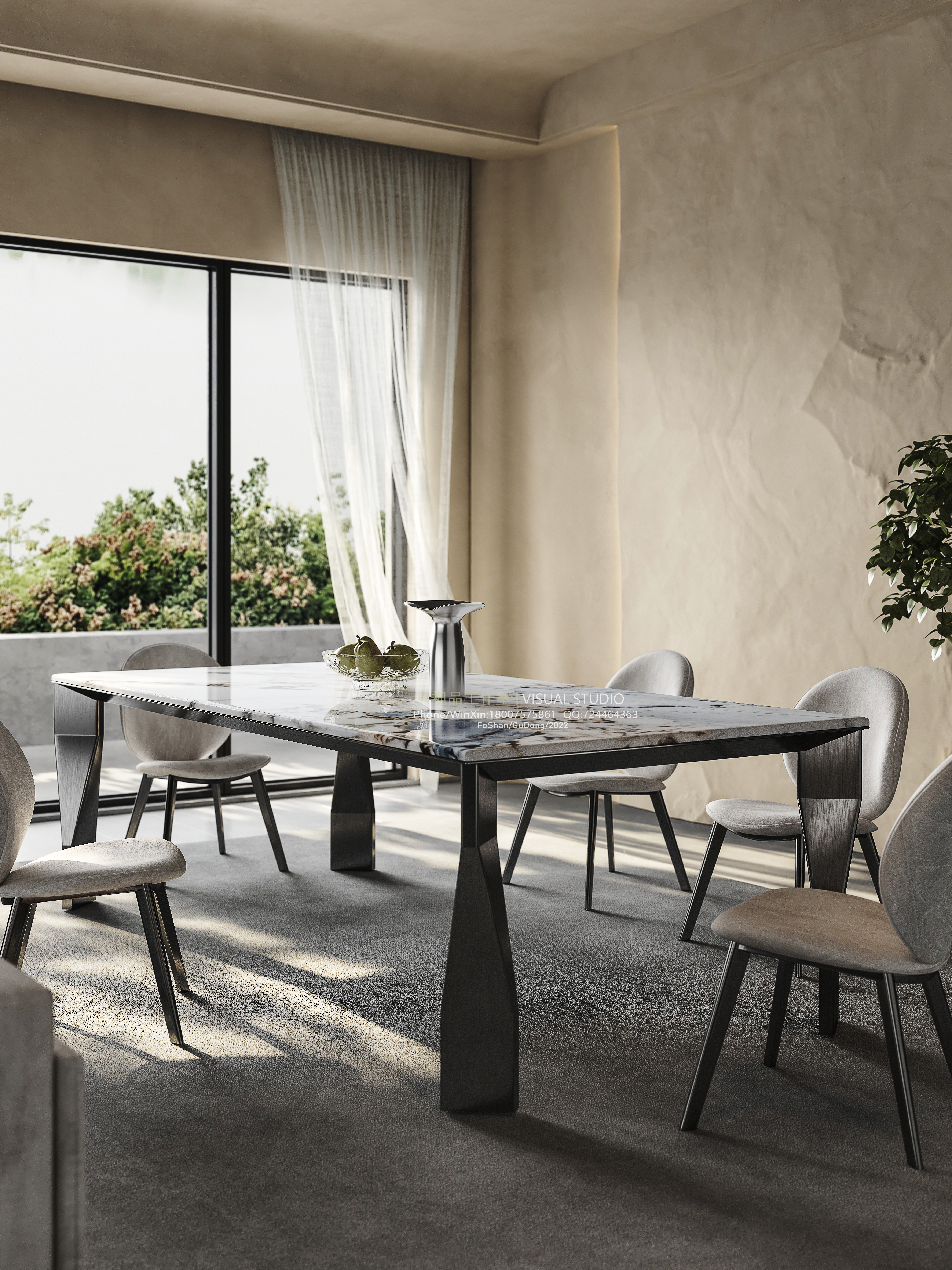 诧寂风格奢石方形餐桌写实效果图-13