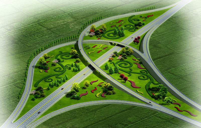 高架桥.立交桥景观绿化设计案例鸟瞰效果图-12