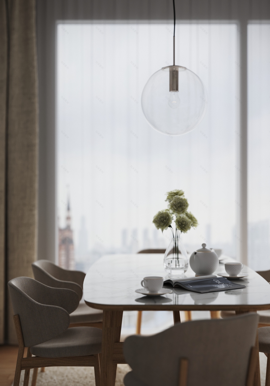 Soft Minimal Living & Dining Area | 3D Visualization-2