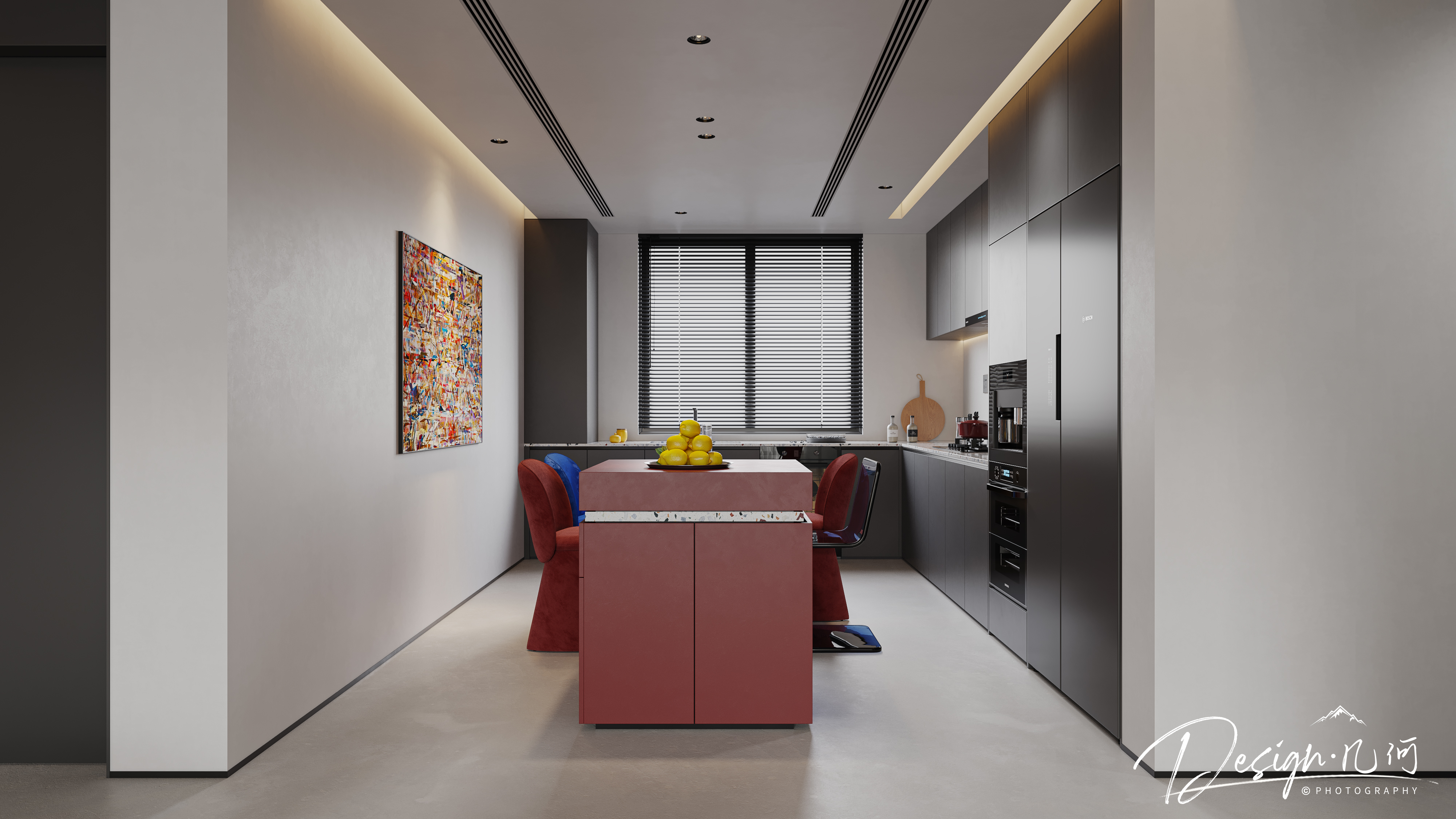 几何空间视觉表现 | 国悦府现代蒙德里安色系客餐厅-3