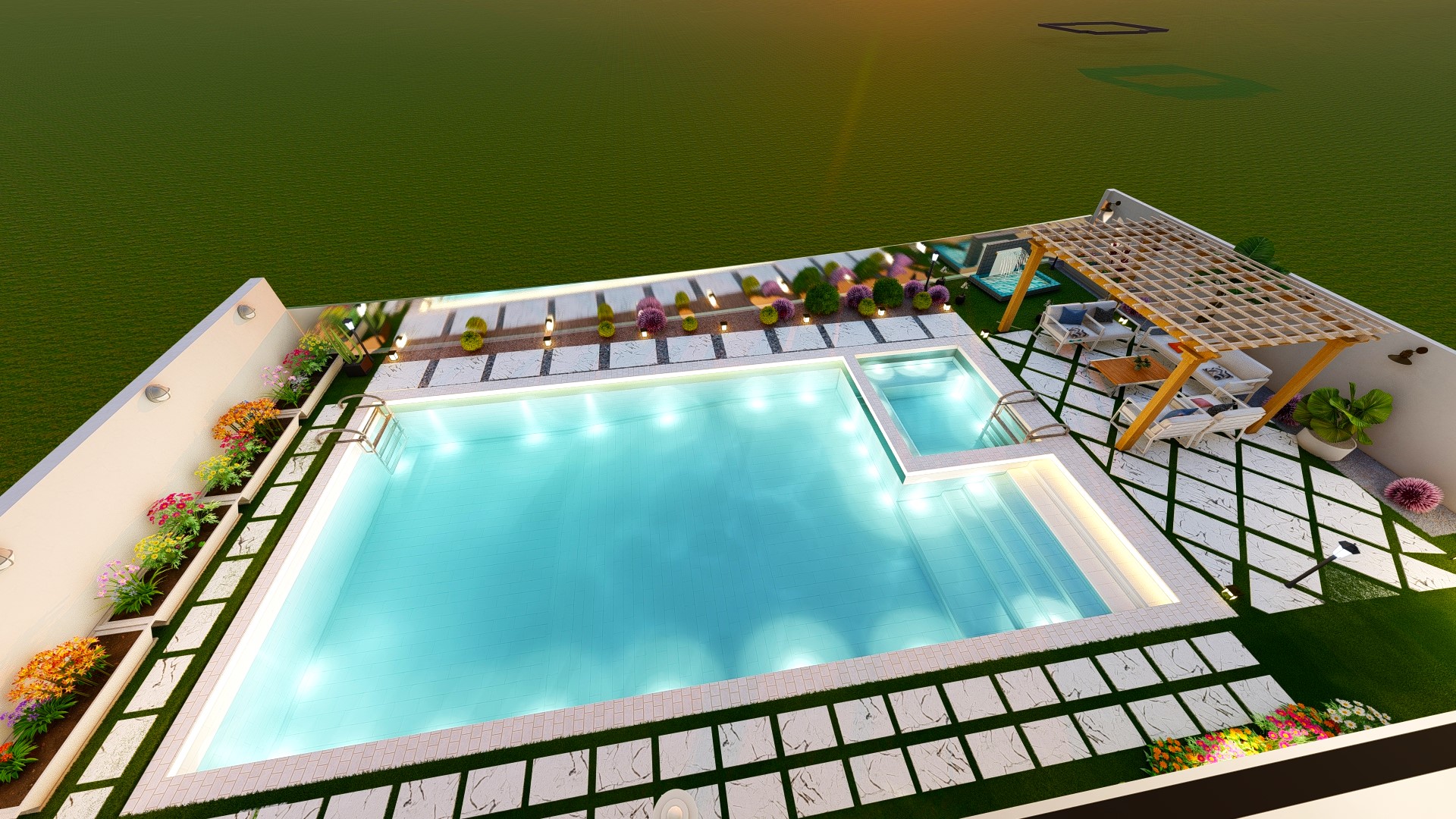 Backyard and front yard landscape design with pool-9