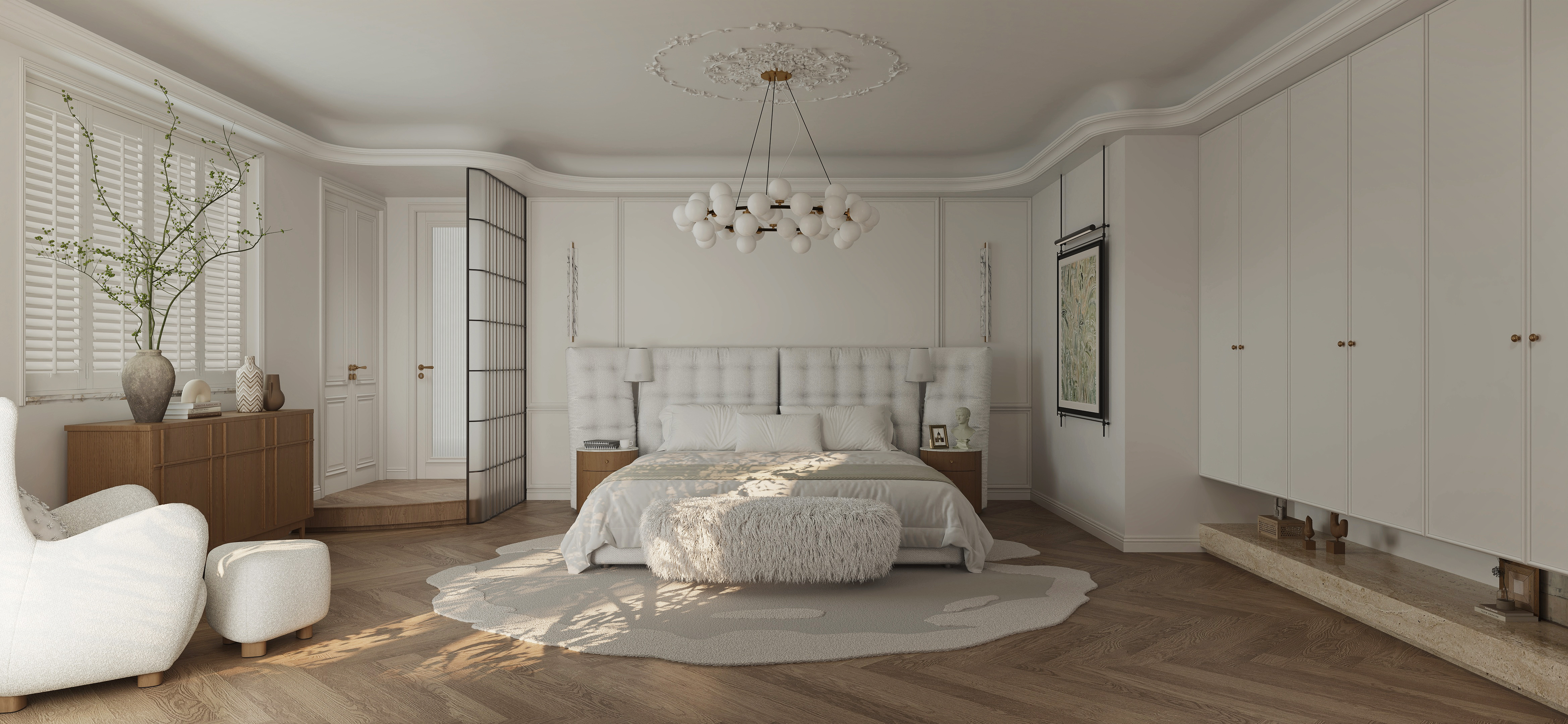 法式奶油风 + 现代简约的卧室设计-1